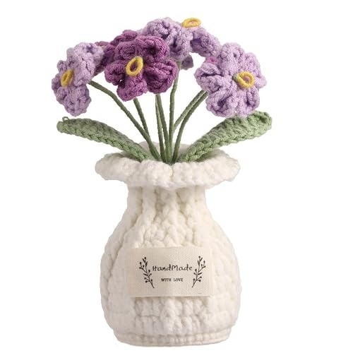 Elegant 7 Bloom Crochet Forget-Me-Not Potted Plant – Handcrafted Home Accent
