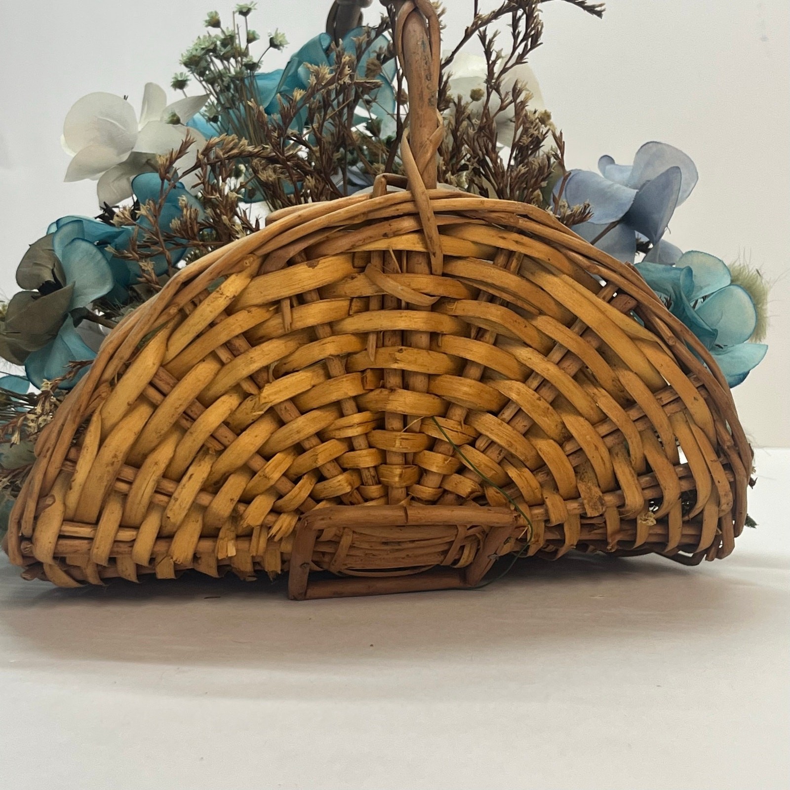Blue and White Floral Arrangement in Woven Wicker Basket Rustic Centerpiece
