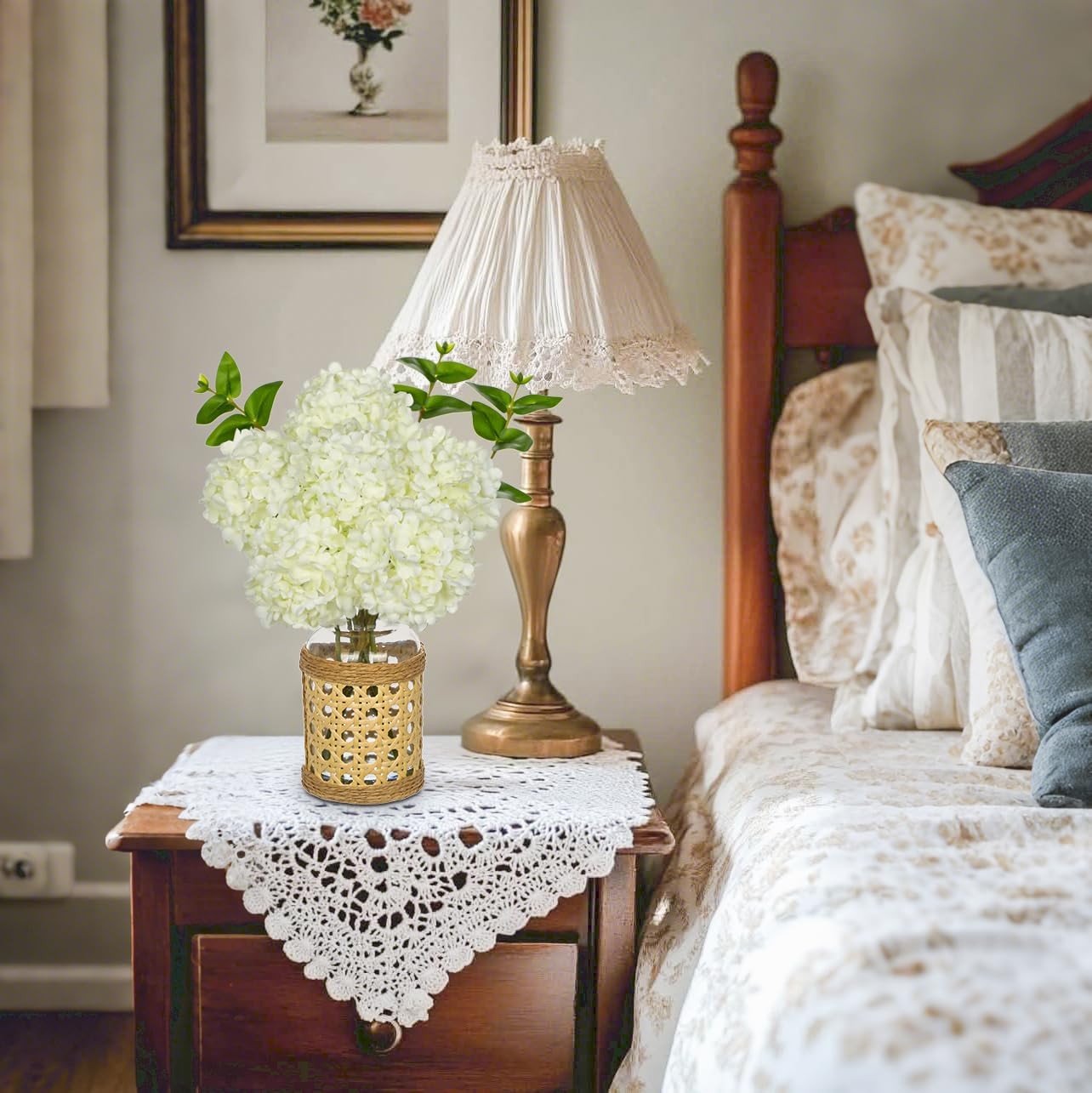 White Hydrangea Artificial Flowers in Woven Glass Vase with Faux Water Silk H…