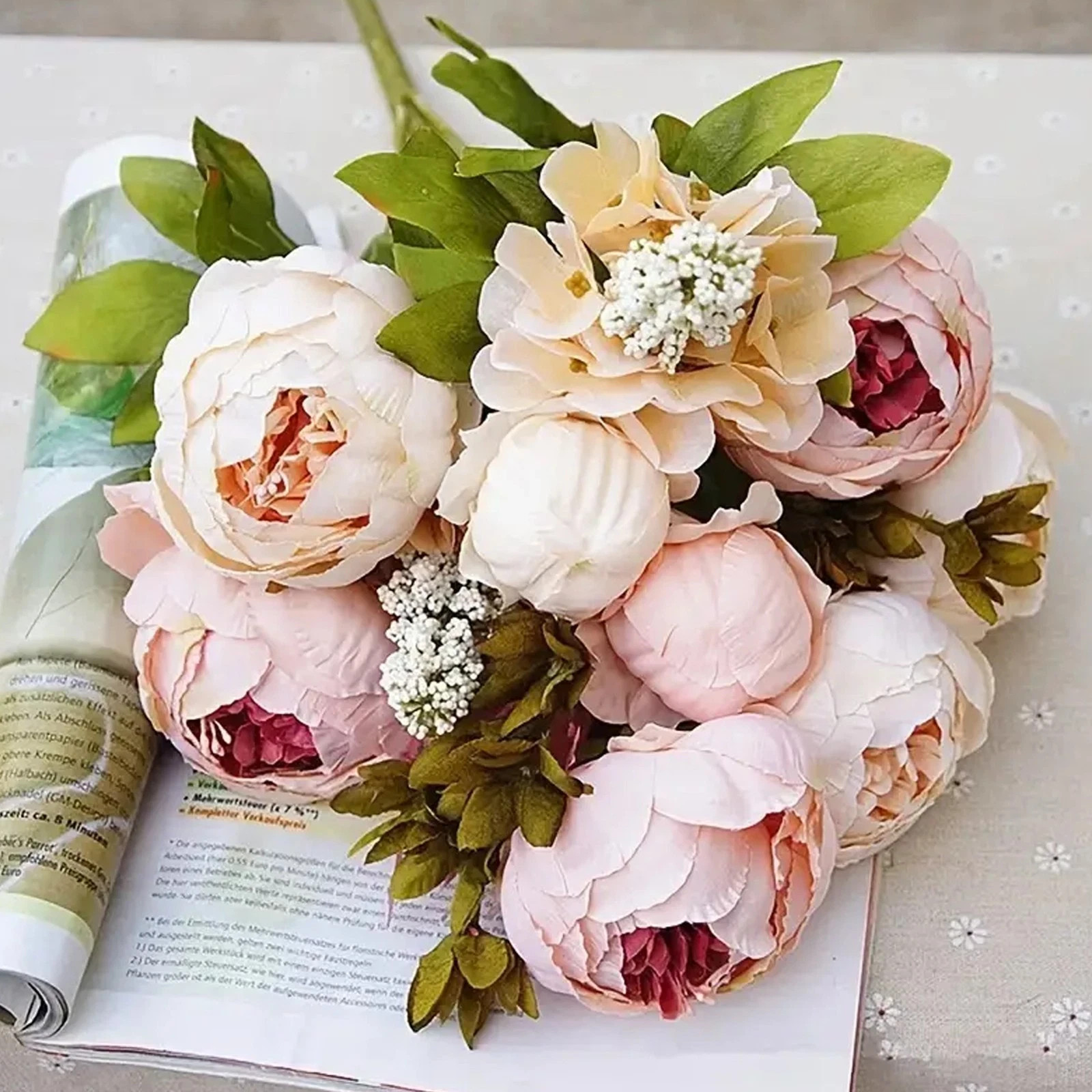 A bouquet of European-style faux peony silk flowers for home deco