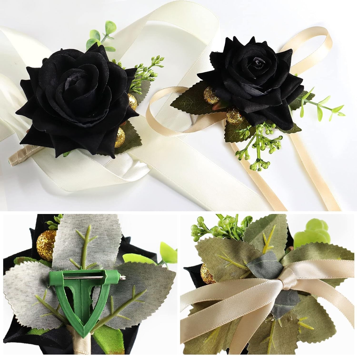 Black Corsage and Boutonniere Set Artificial Rose Flower Wedding Wrist Corsag…