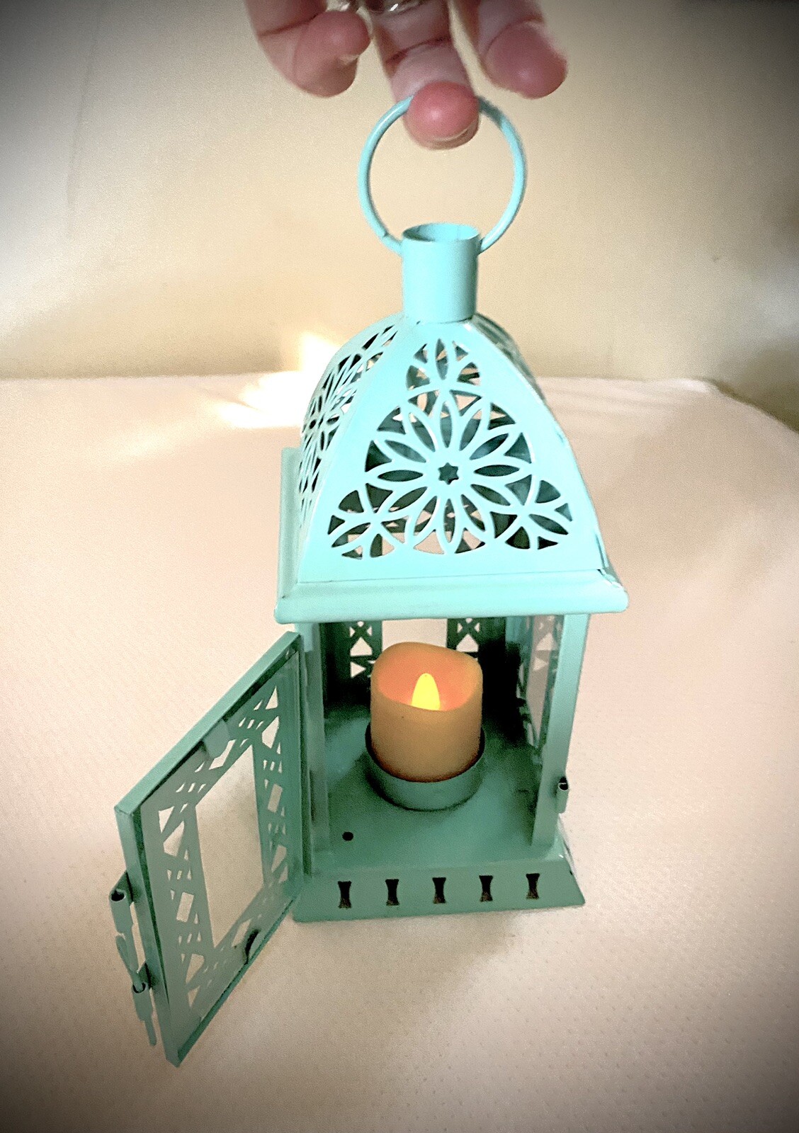 Moroccan Glass and Metal Lantern Indoor/Outdoor Decor w/ Baytery Candle