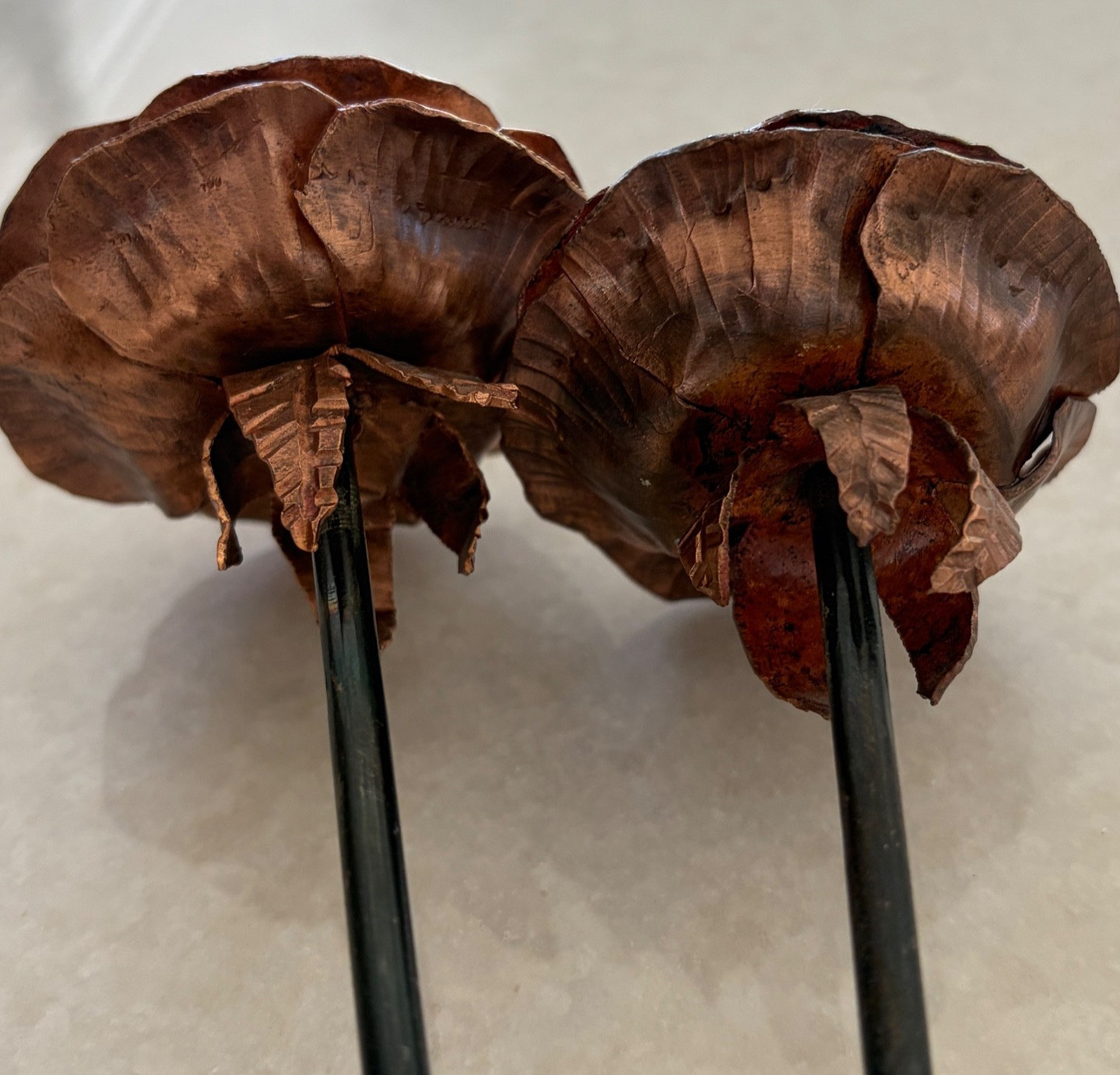 Copper-Tone Metal Rose Sculpture Pair 7” 9” Handcrafted Floral Decor