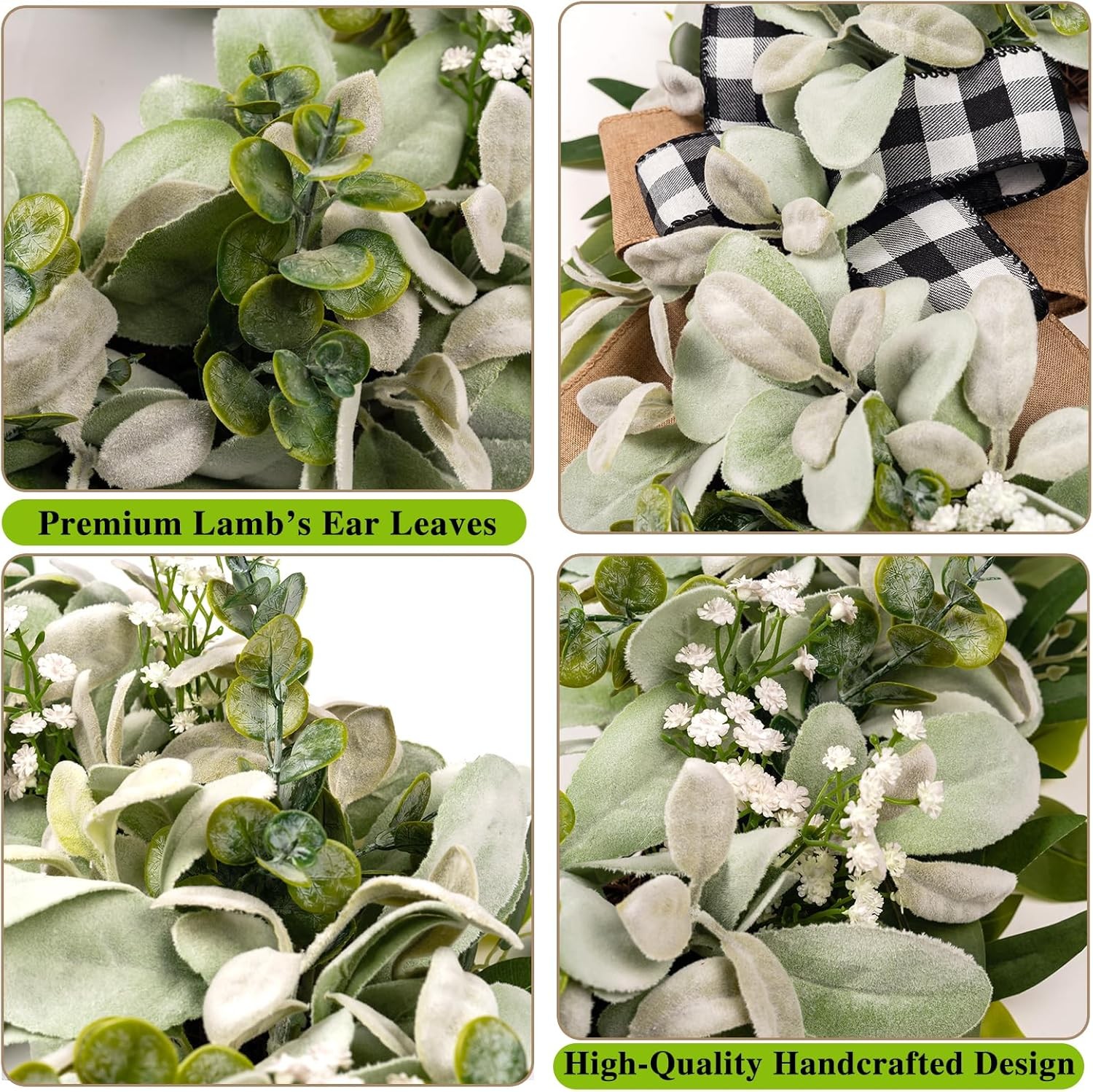 Lambs Ear Eucalyptus Front Door Wreath Year Round, 20″ Handmade Green Farmhouse