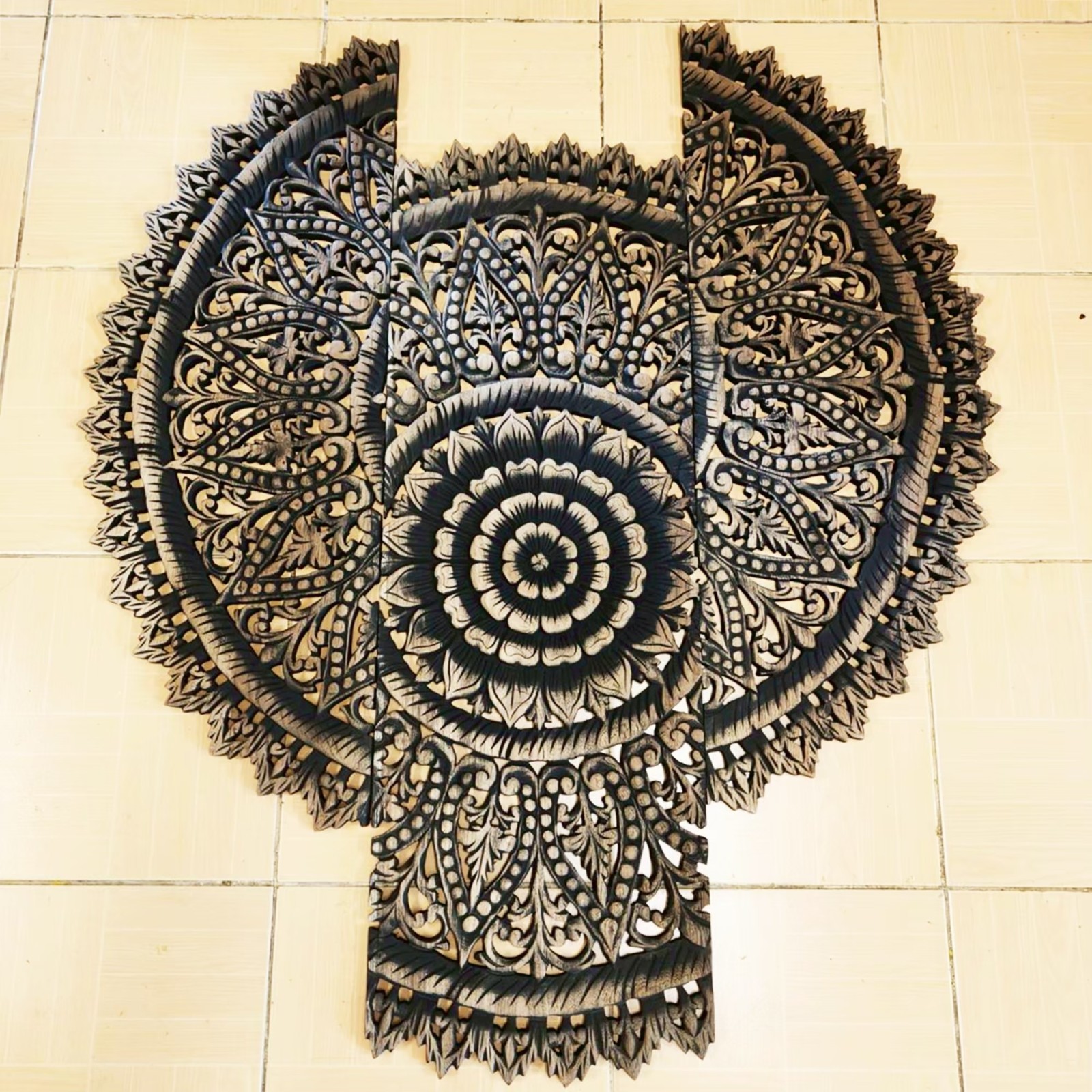 36″ Large Round Black Mandala Wood Carving Wall Art 3-Piece Set Office Decor