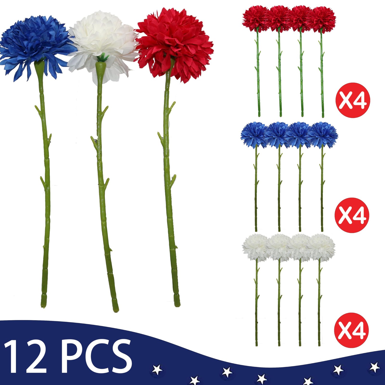 12 pcs Artificial Flower Patriotic Memorial Bouquet Red White and Blue Faux B…