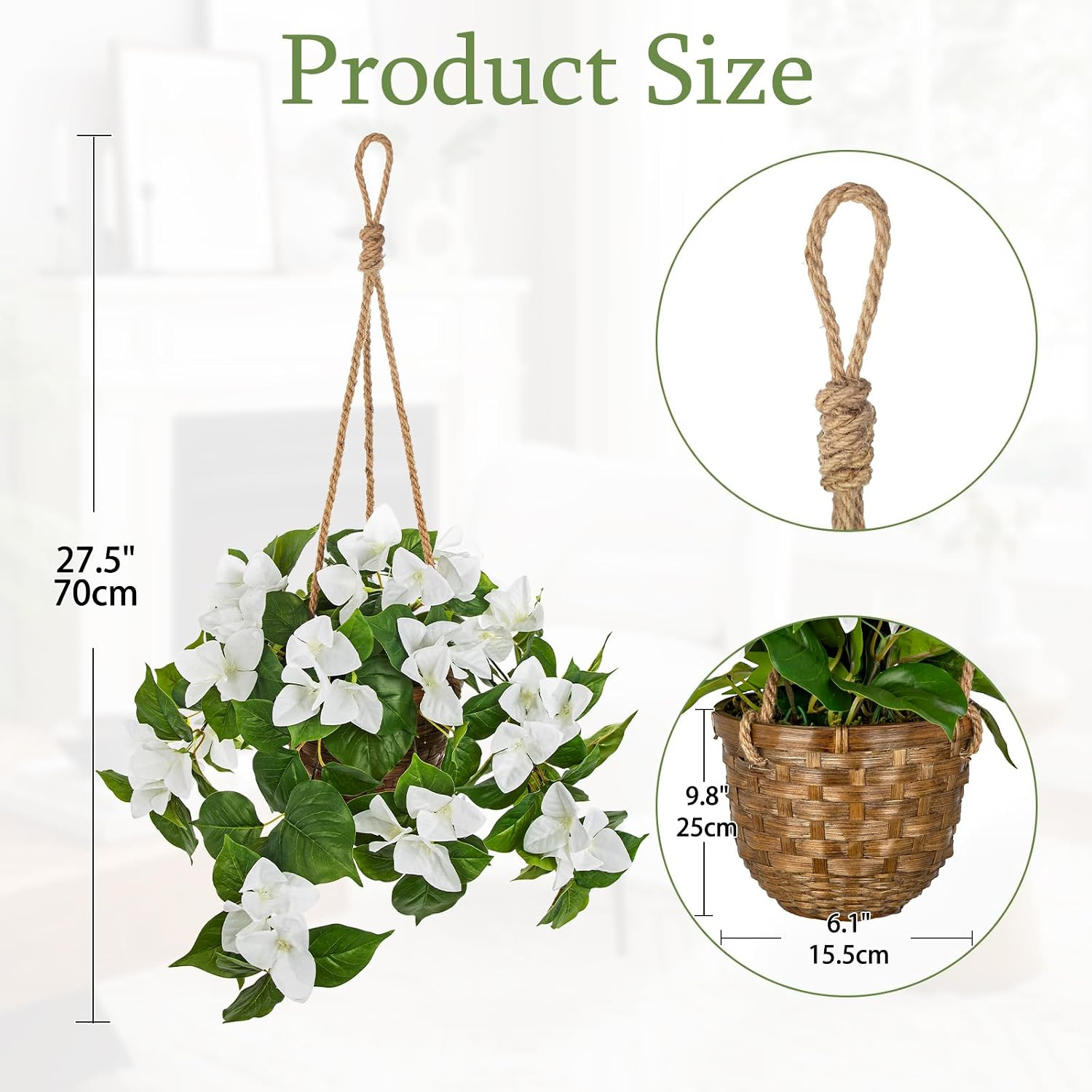 Faux Bougainvillea Hanging Basket – 27.5″ White Flowers in Rattan Planter
