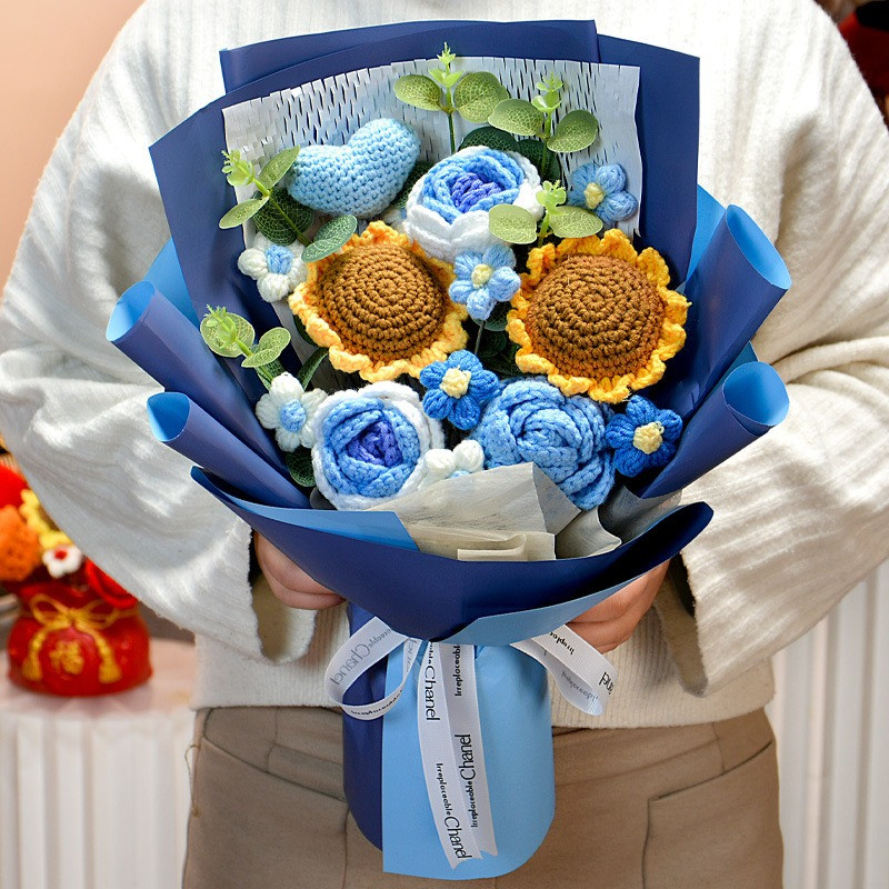 Completed Hand Knitted Crochet Flowers Bouquet Sunflower Daisy Lily Tulips Carna