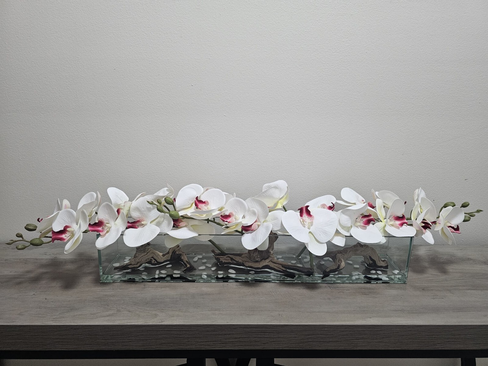 Floral Arrangement, Casa Moderna Glass Plate  W/ Faux White Orchids & Succulents
