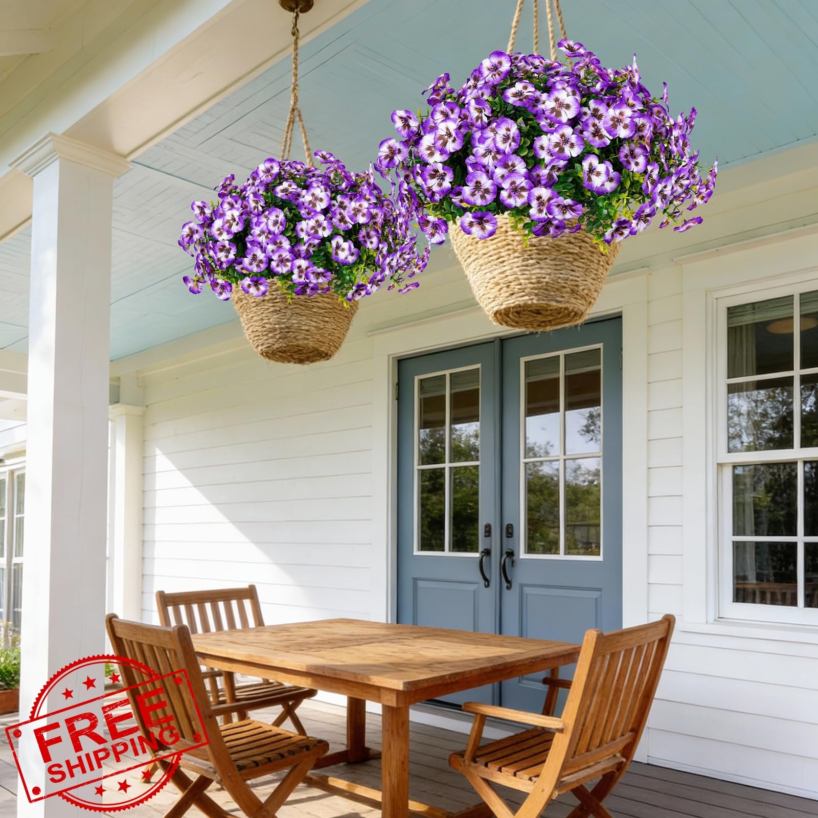 24pc Purple White Faux Pansy Flowers UV Resistant Outdoor