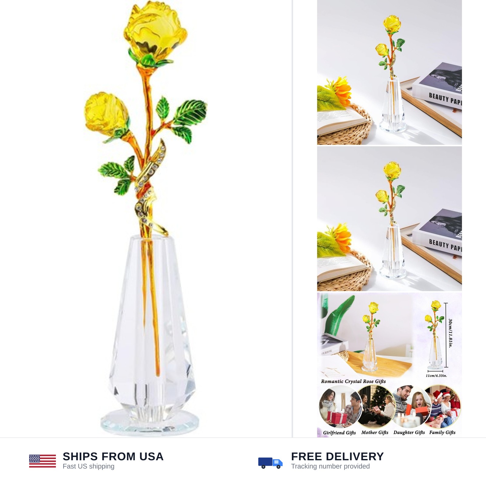 YWHL Handmade Yellow Rose Flower Crystal Figurine with Vase, Bouquet Glass Fl…