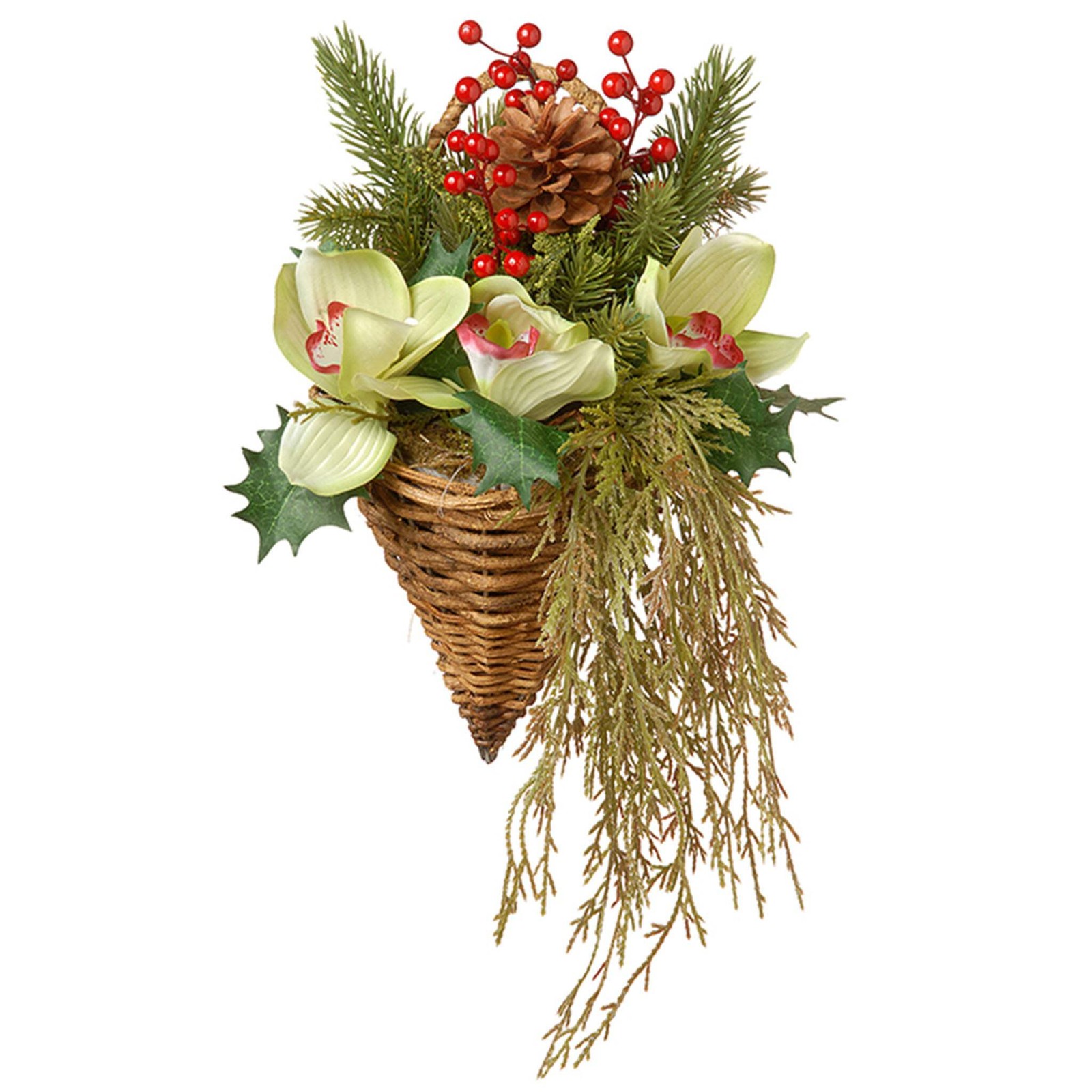 11 in. Spring Hanging Cone Basket with Green Flowers, Ivy, Berry Clusters, Pine