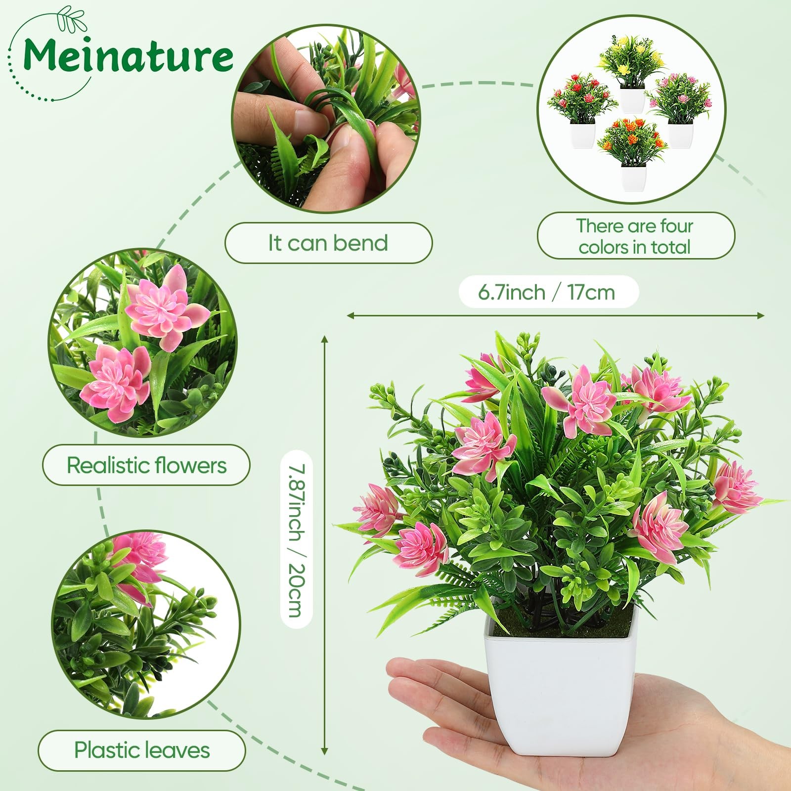 4 PCS Small Artificial Plants With Flowers Mini Fake Potted Decor For Home