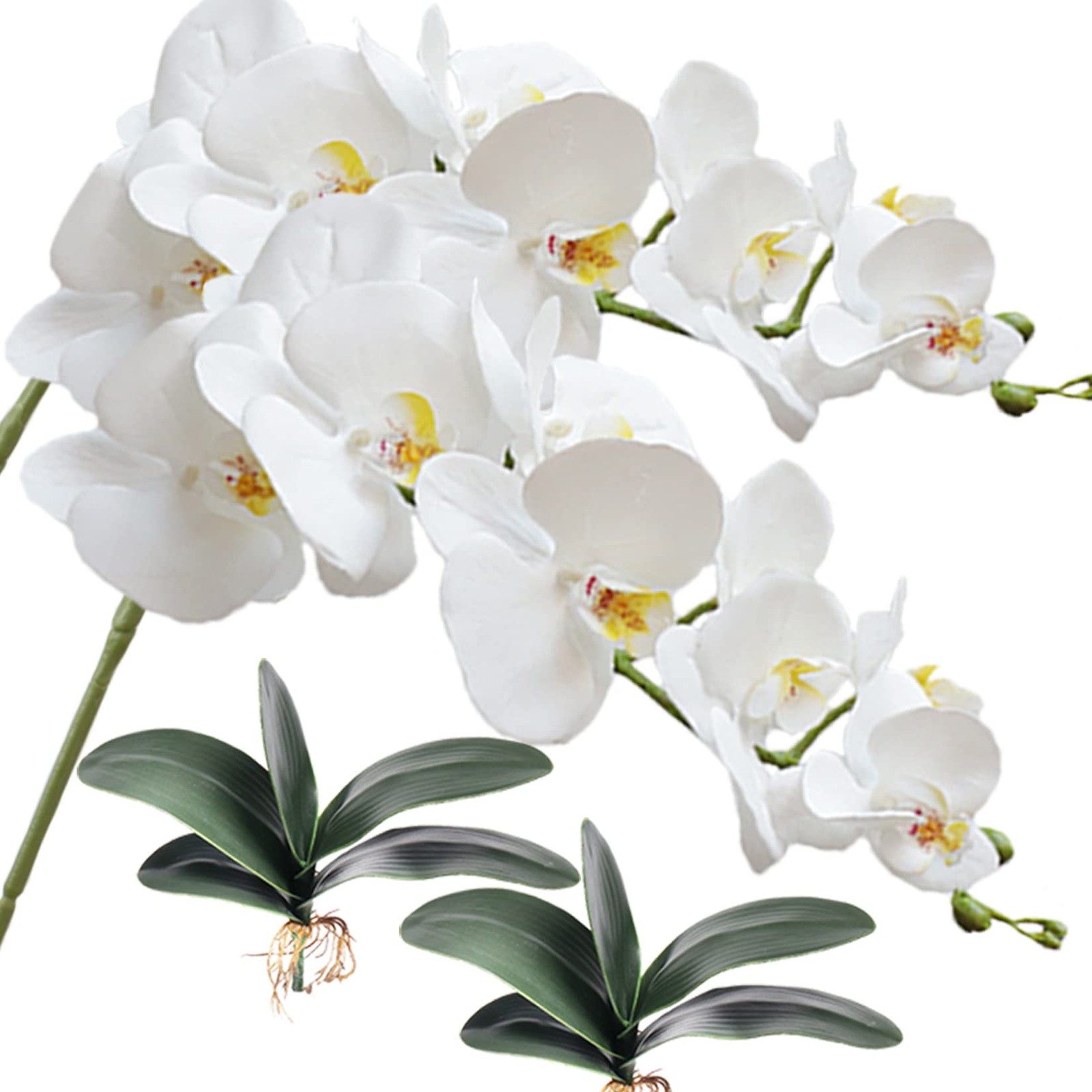 2 Pcs 9 Head Artificial Phalaenopsis Flowers and 2 Bundles Leaves,42″ Big Blo…