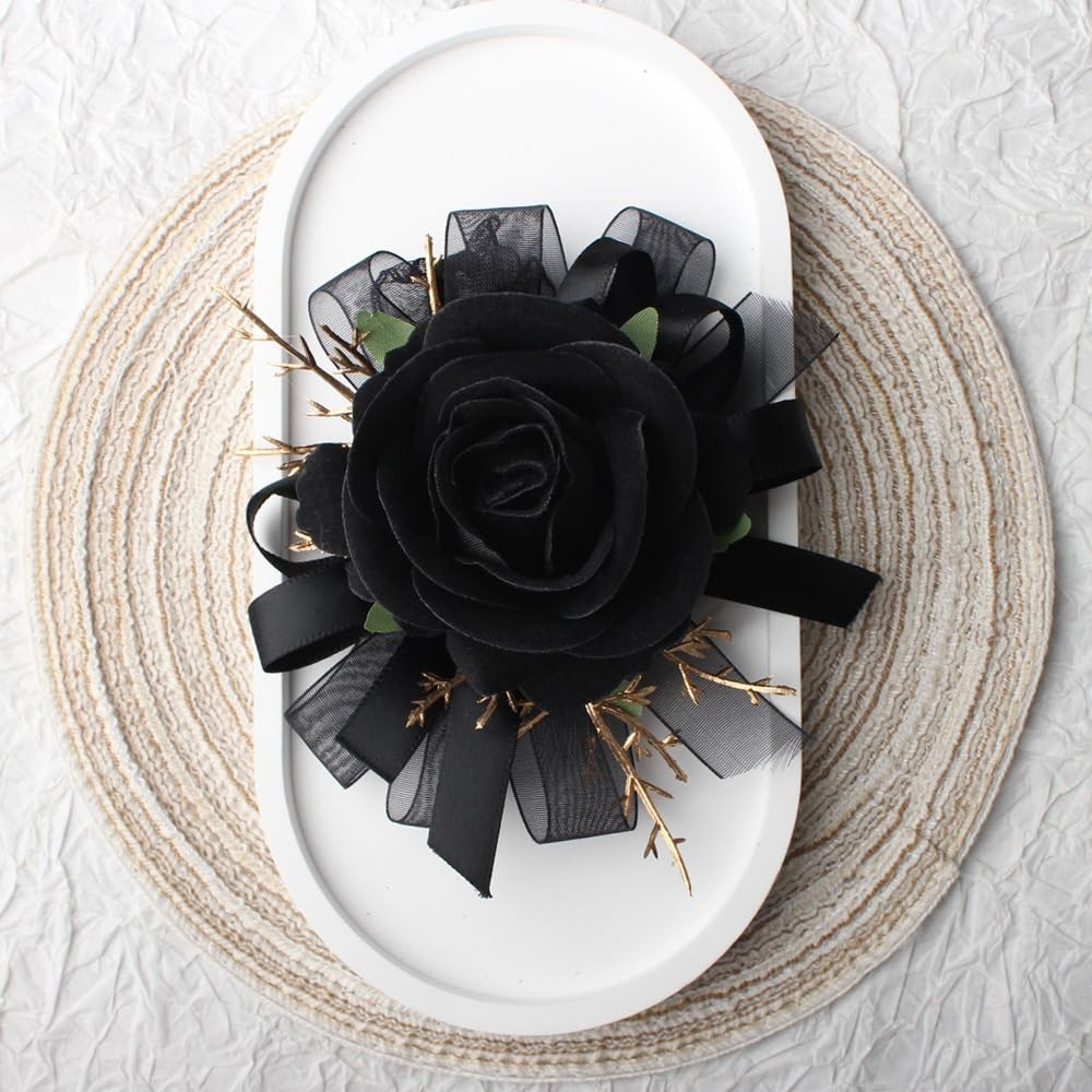 2 PCS Black Rose Wrist Corsage Wristlet Boutonniere Set Wedding Prom Flower