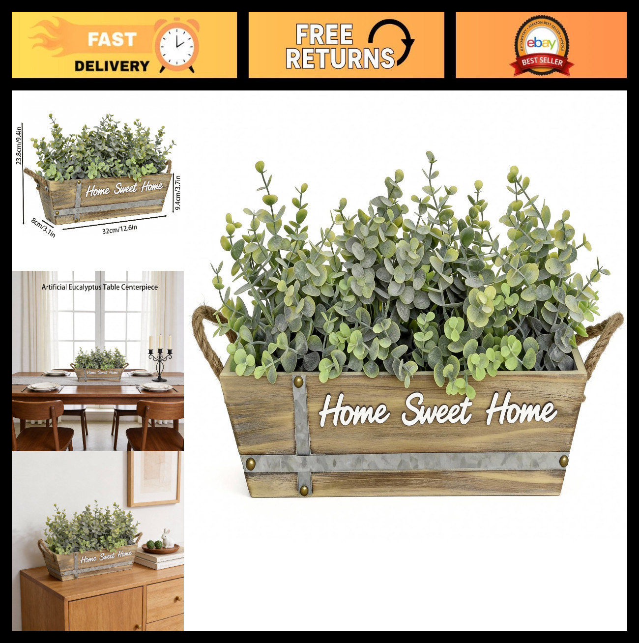 Faux Eucalyptus Table Centerpiece in Wooden Box, Rustic Home Décor, Jute Handles