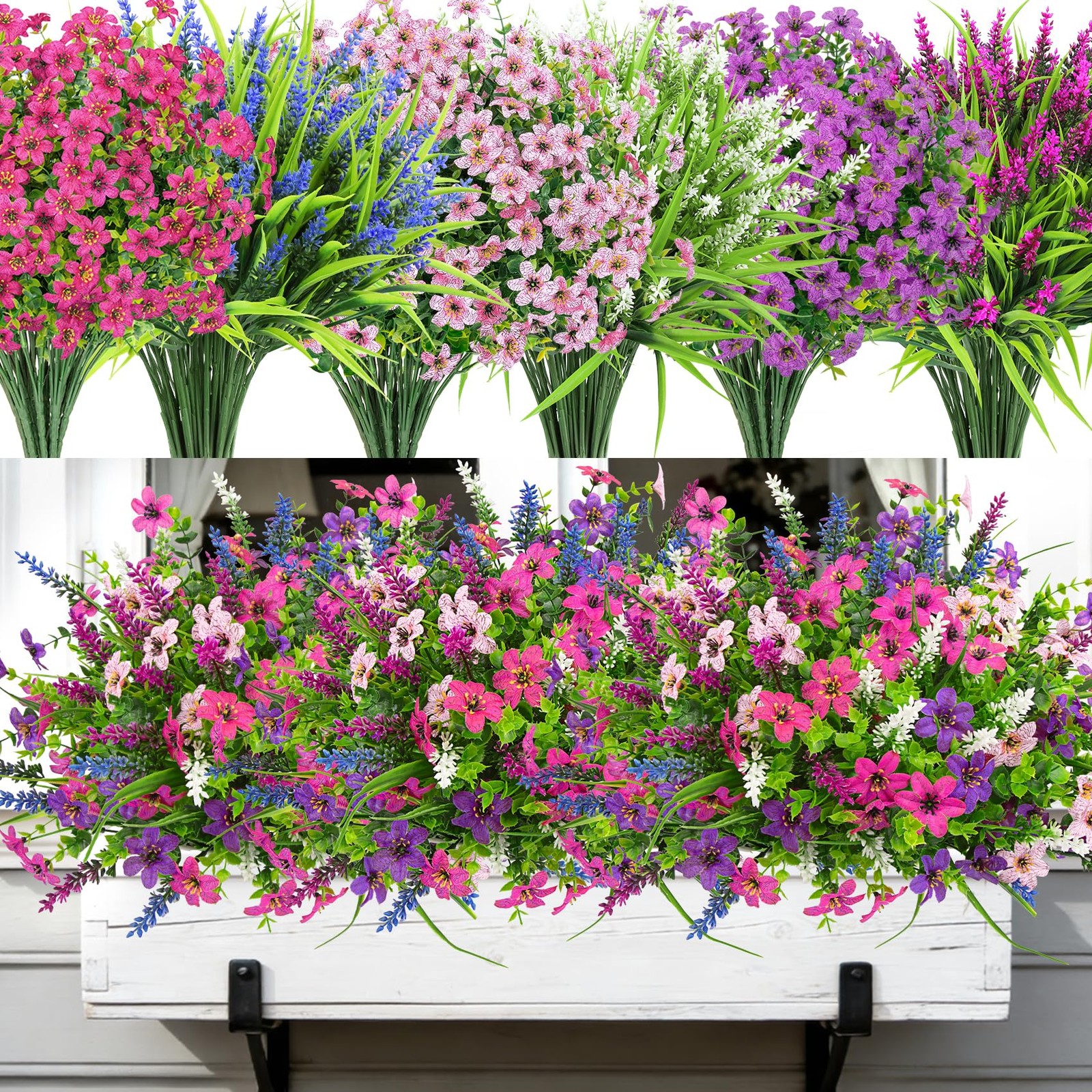 24 Bundles Artificial Flowers for Outdoors, UV Resistant Colorful Fake Lavender