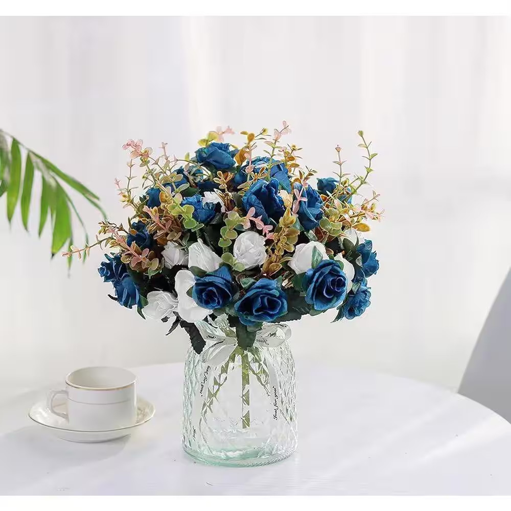 13 In. Dark Blue Indoor Artificial Rose Silk Flowers for Tables Decorations, 2-P