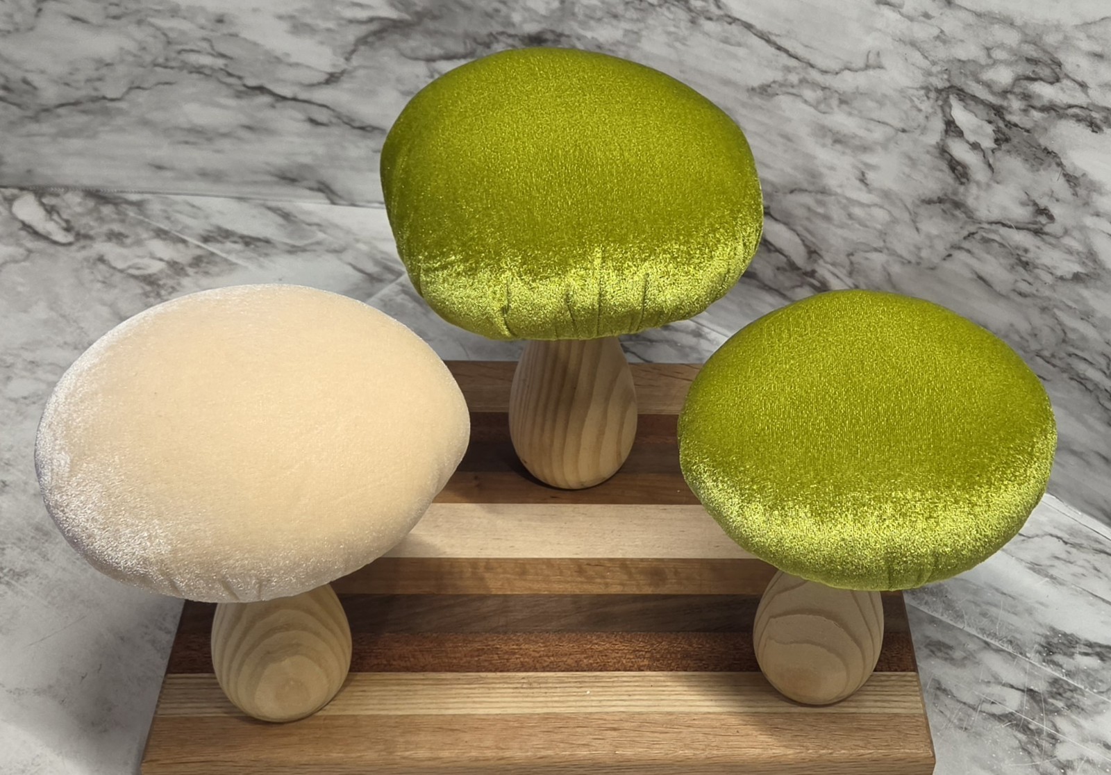 Mushrooms Set Of 3 Cream Green Wood & Velvet 2 Sizes Spring Summer Decor…