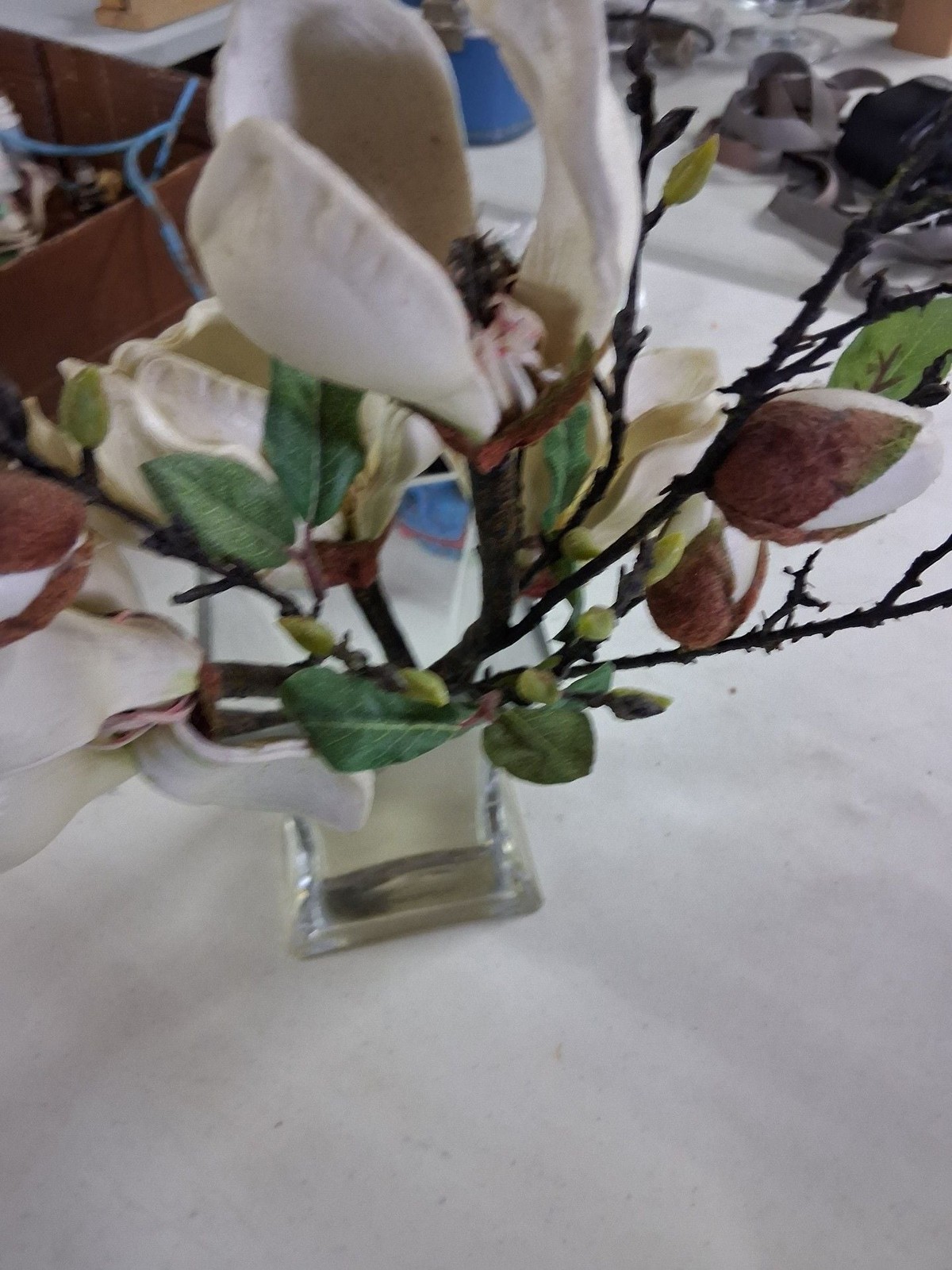 Artificial Magnolia Flower Arrangement in Square Glass Vase
