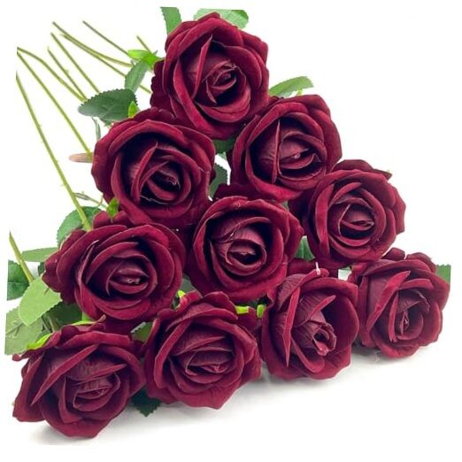 10 PCS Artificial Roses with Long Stems Silk Flowers Realistic Foam Wine Red