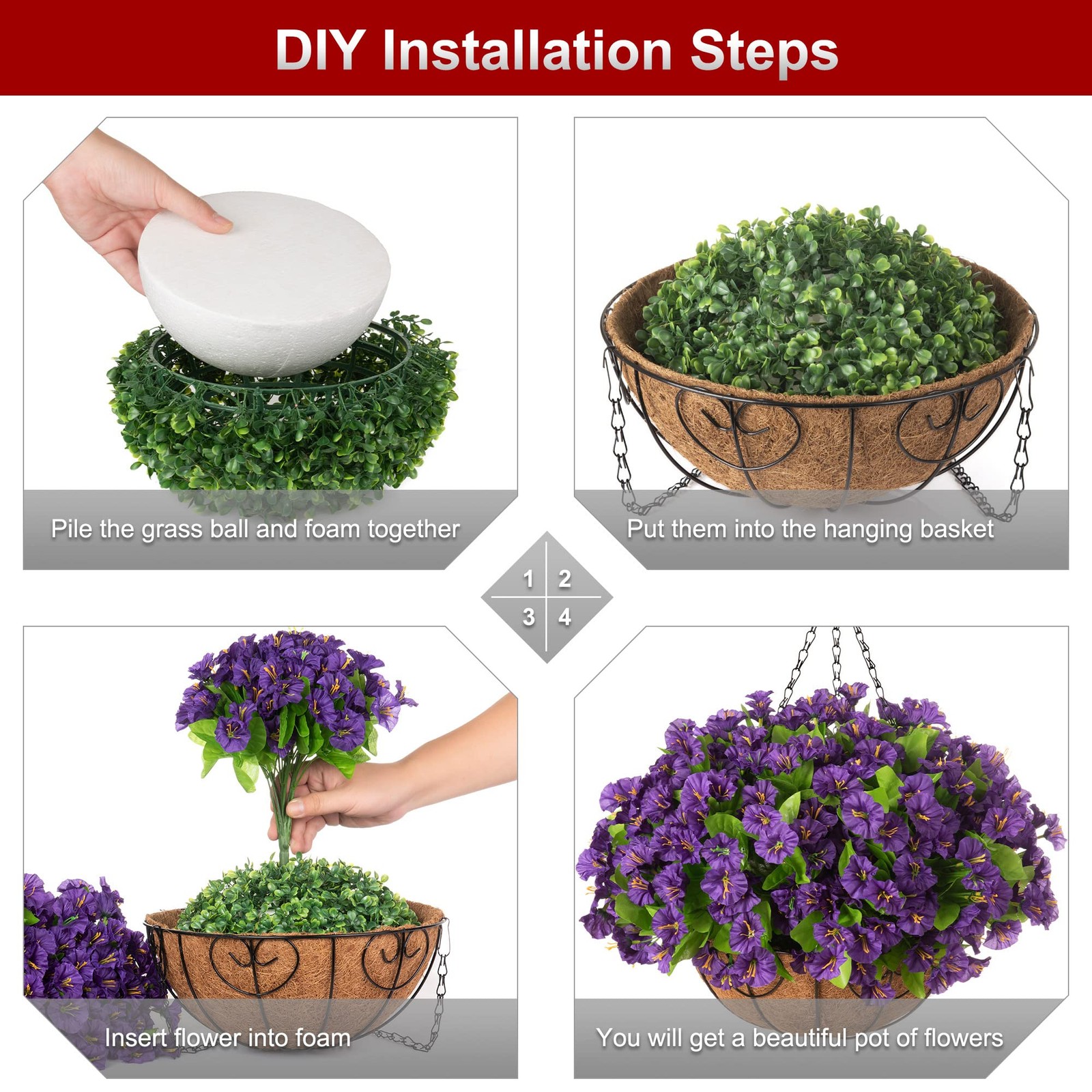 Artificial Hanging Flowers with Basket for Outdoor Summer Garden Decoration