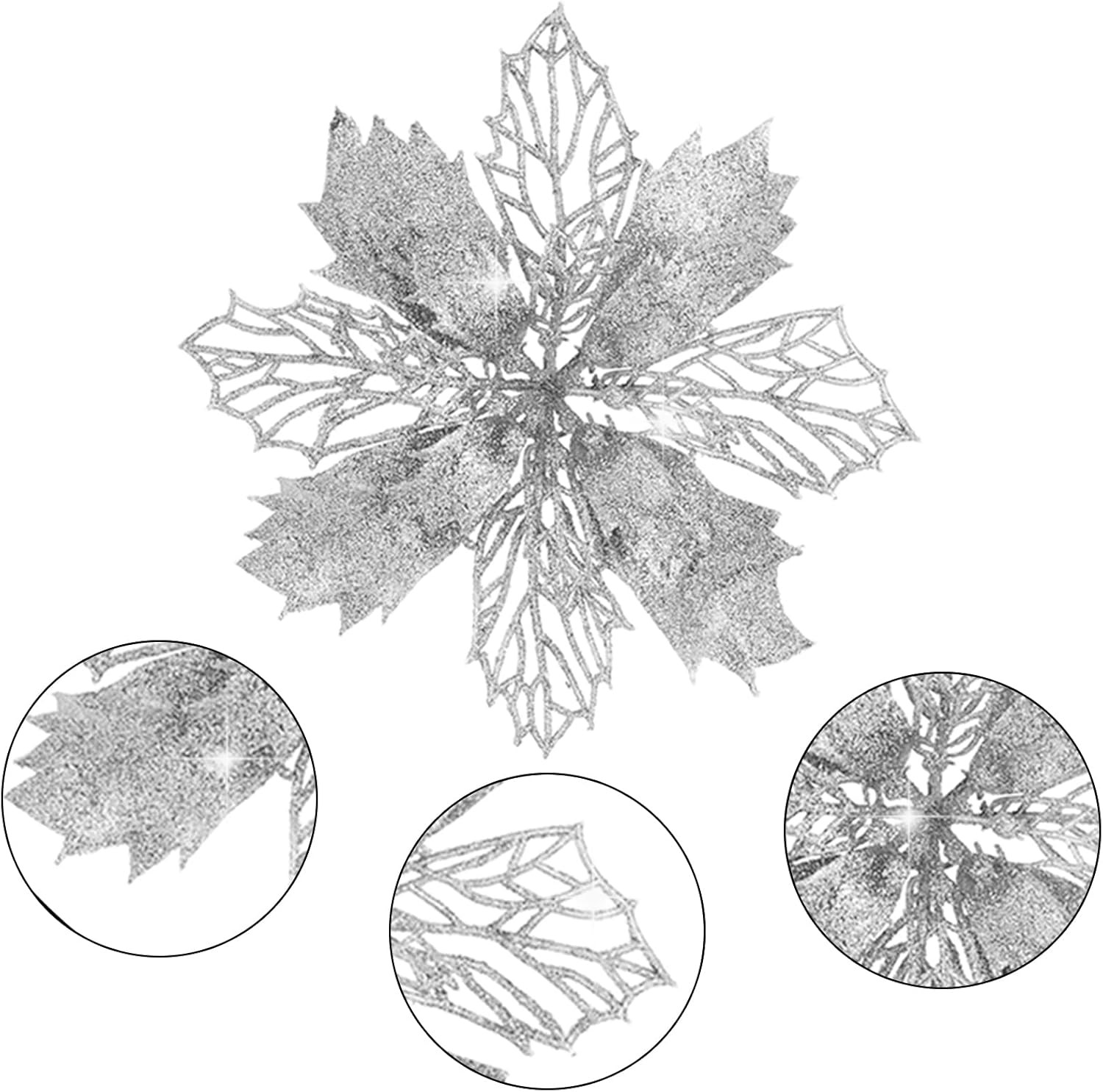 36pcs Glitter Poinsettia Flowers Artificial – Silver Poinsettia Christmas Silver
