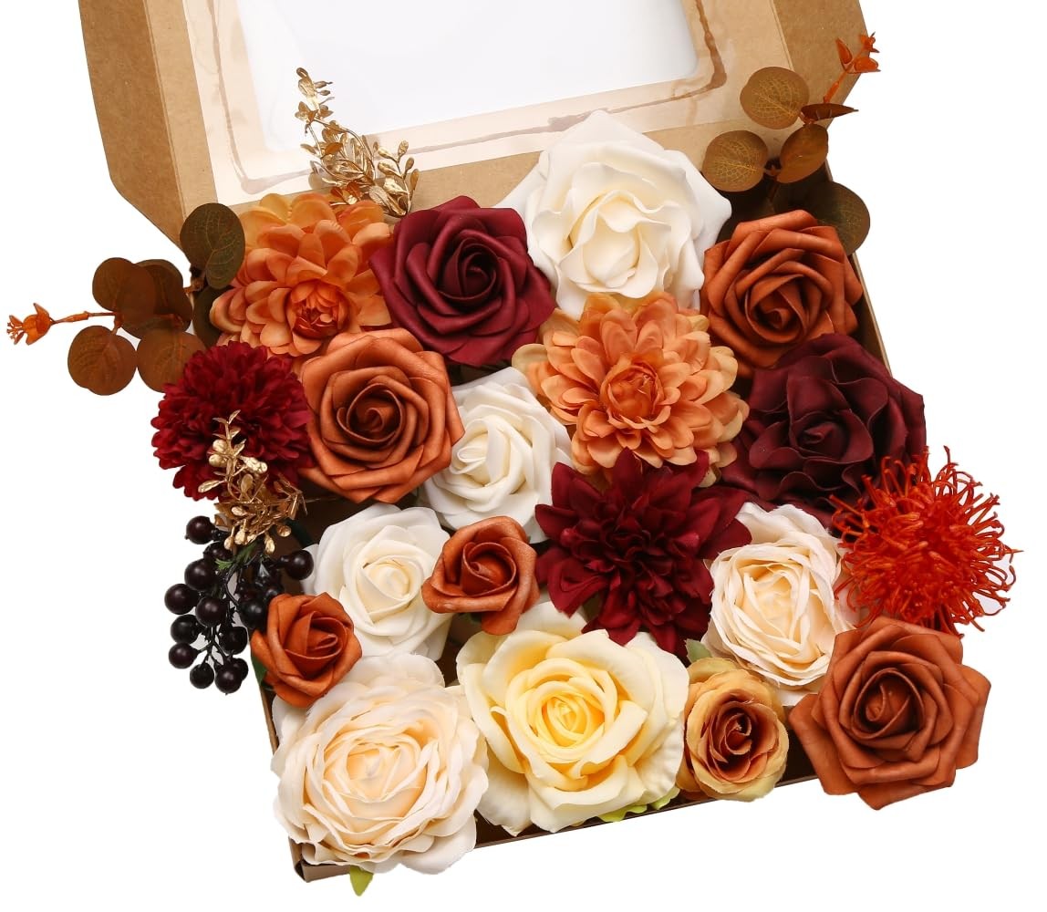 Artificial Flowers Orange Burgundy Combo Box Set For Diy Wedding Bouquet Arrange
