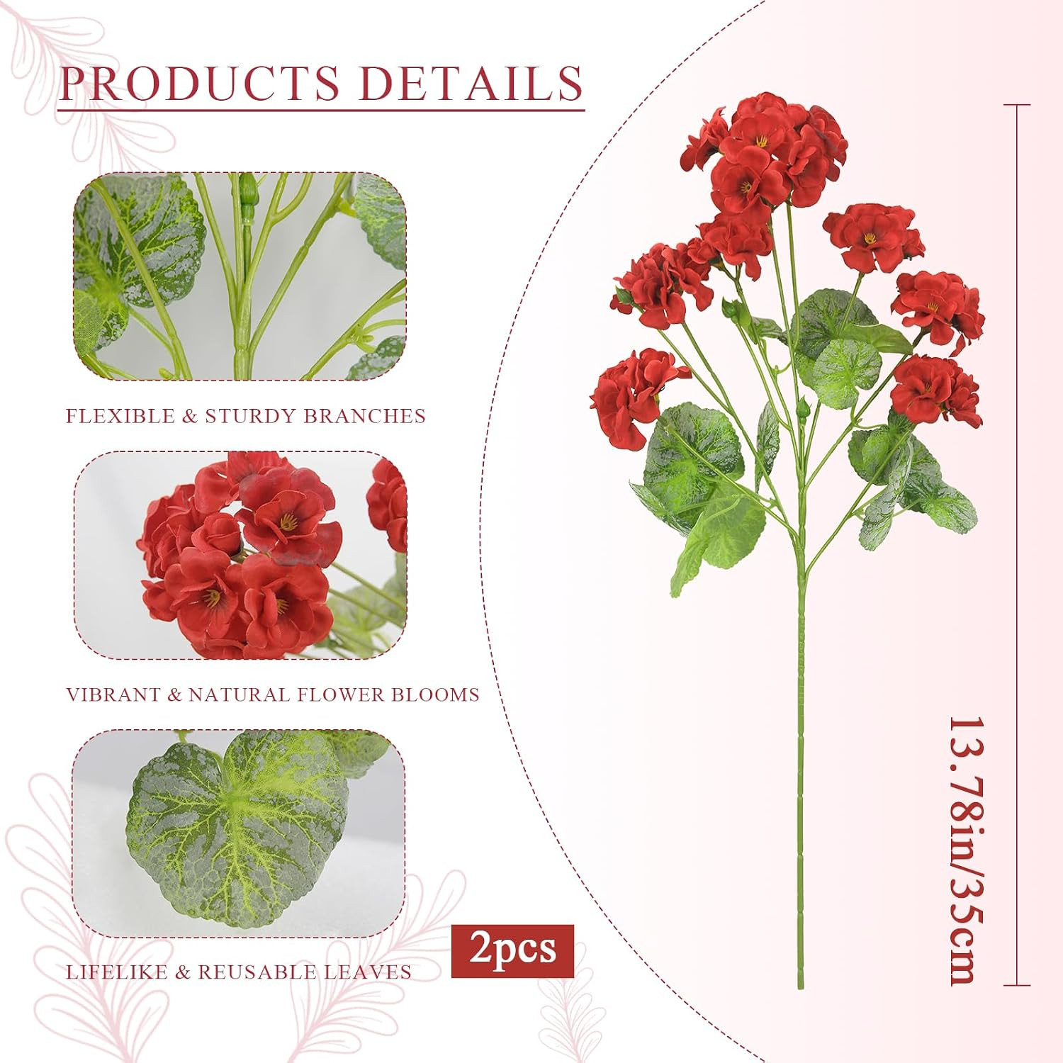 2 Pcs Artificial Geraniums for Outdoors 23” Faux Flowers Red Silk Geraniums UV