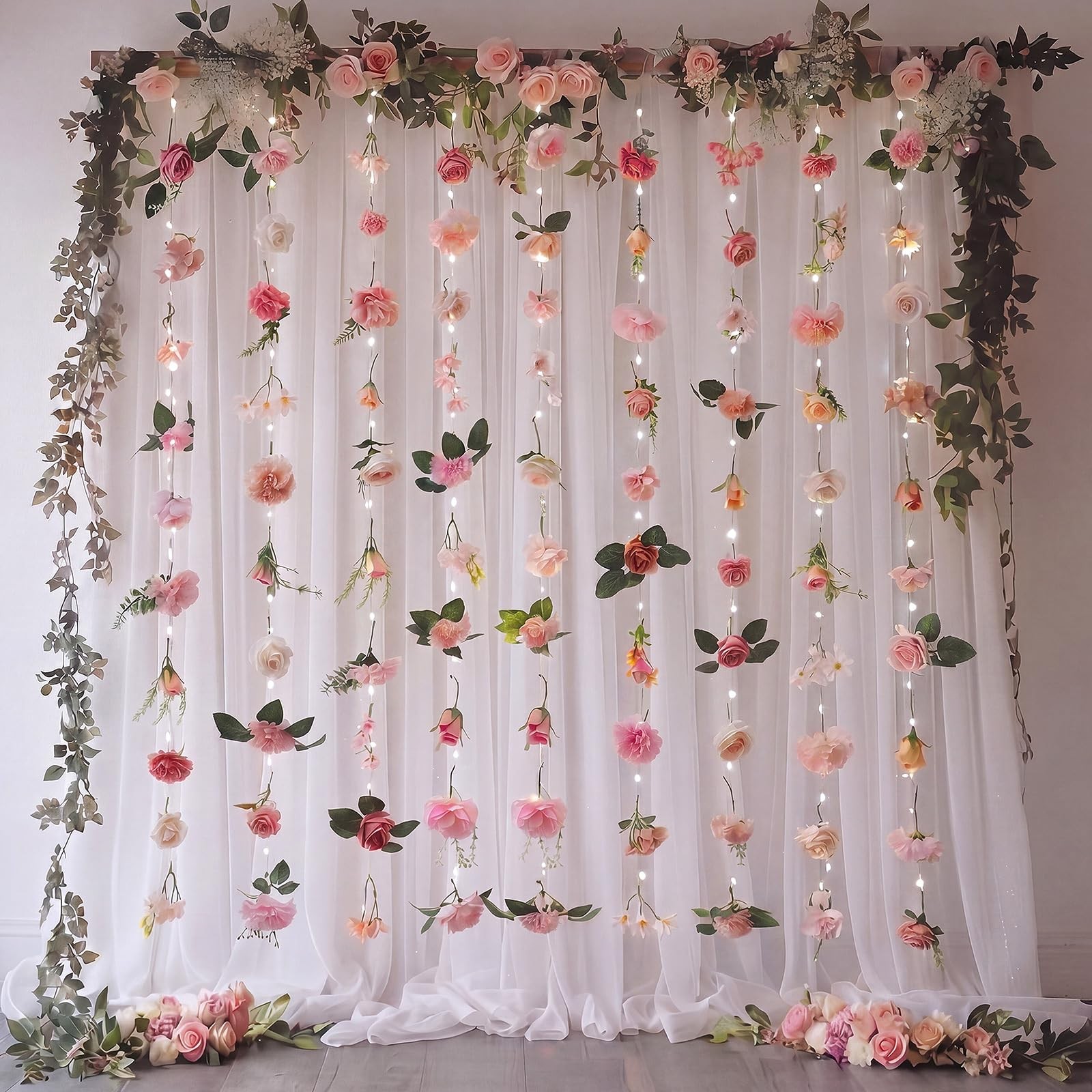 6 Pack 35.4ft Fake Flower Garland Backdrop with Lights Hanging Wildflower Flo…