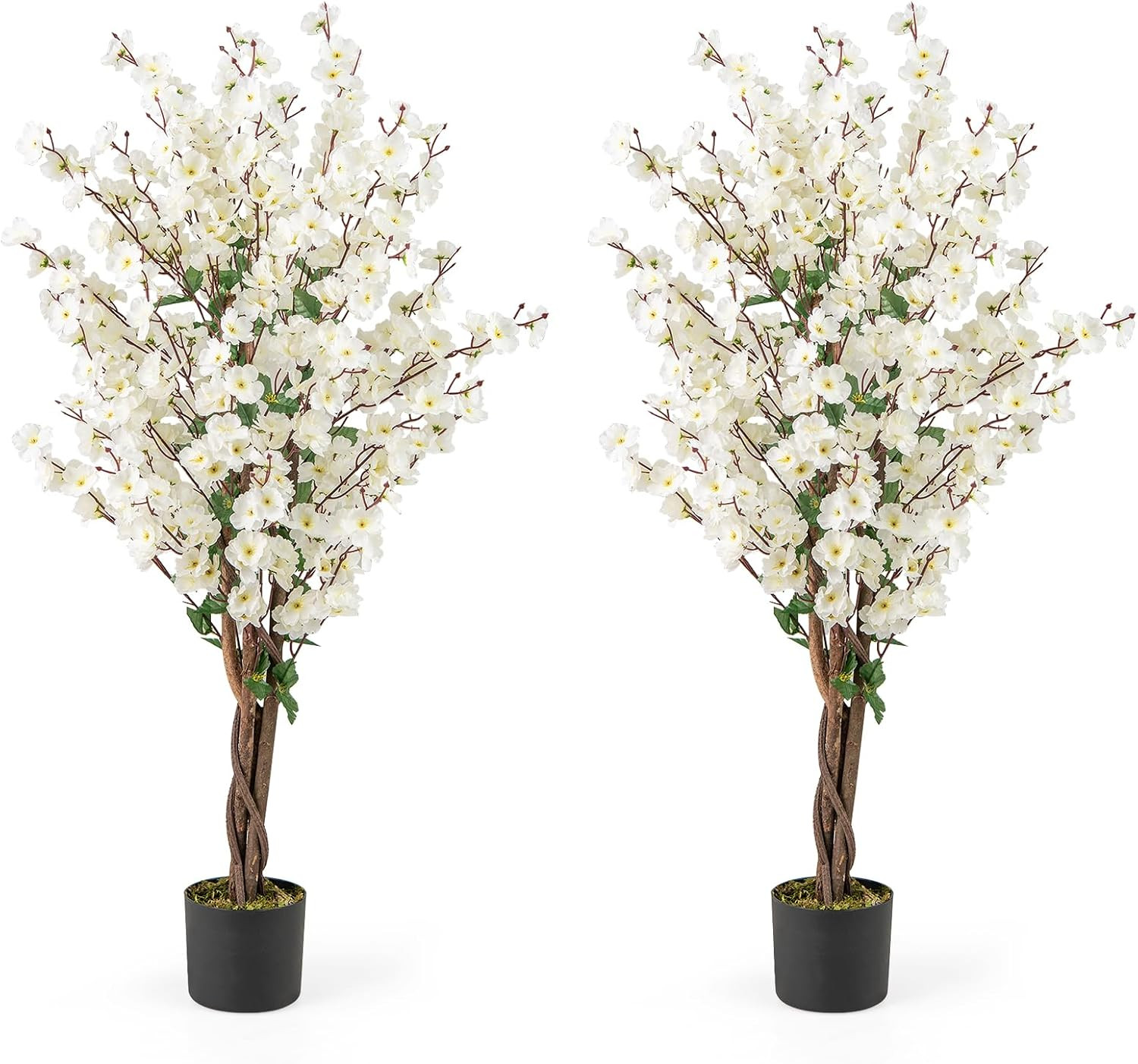 47” Artificial Wintersweet Tree, 2 Pack Faux Plum Blossom Plant with White Fabri