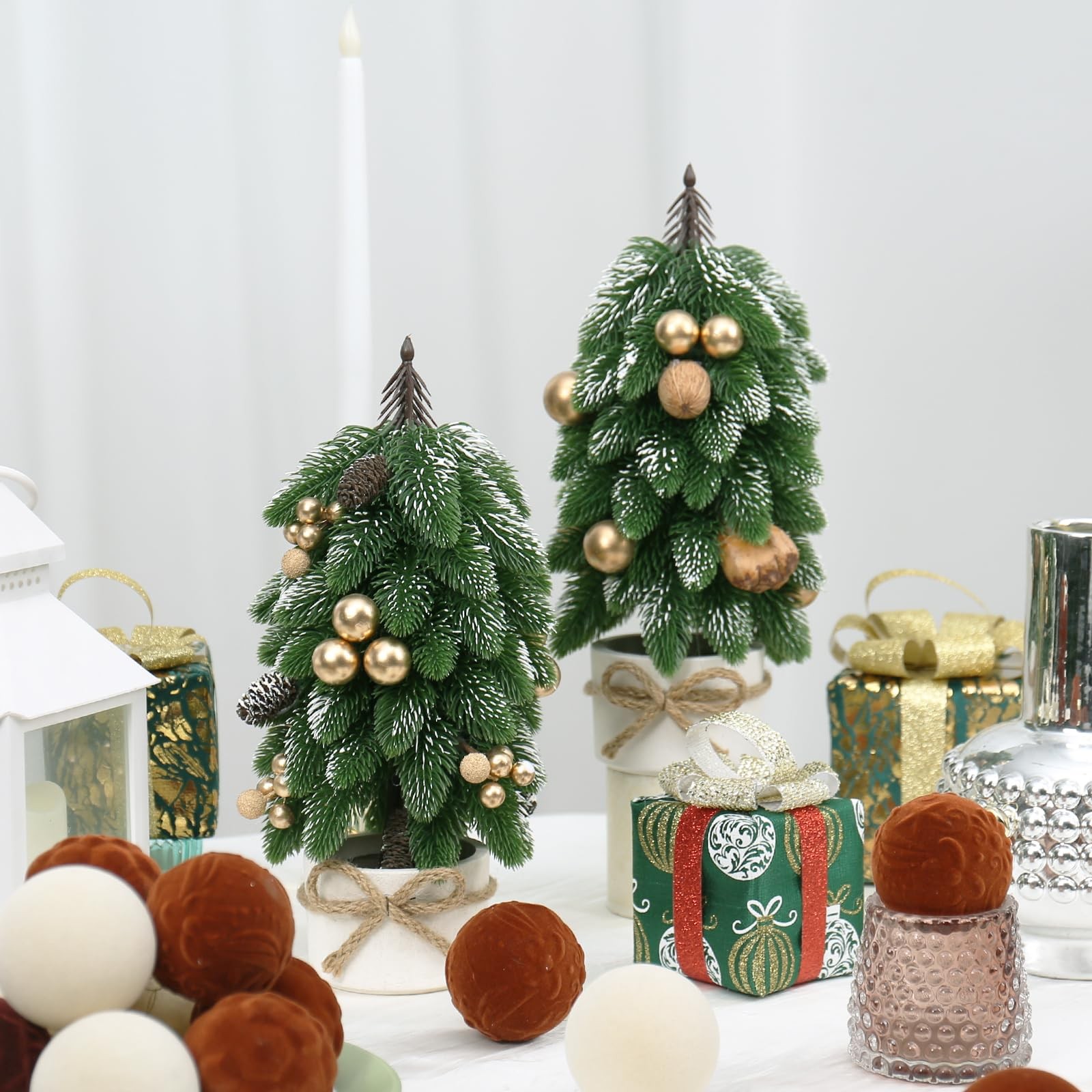 2 PCS Artificial Gold Berry Pinecone Small Mini Tabletop Christmas Tree Holiday