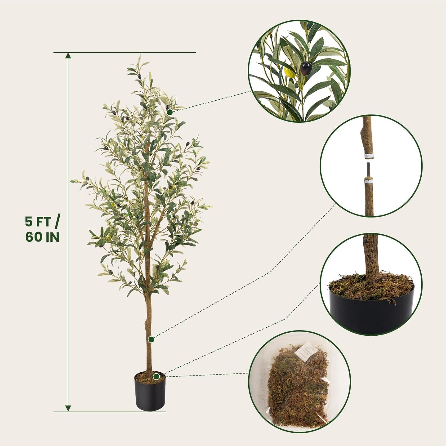 5FT Artificial Olive Tree – Faux Silk Indoor Plant for Home & Office Decor