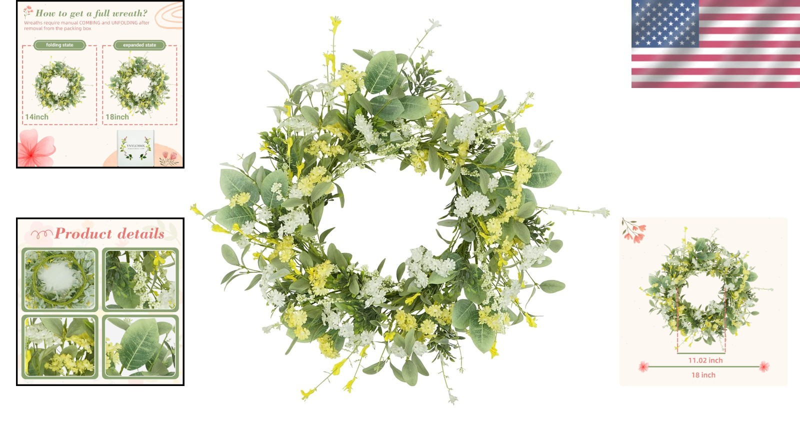 Vibrant Floral Wreath – Yellow White Daisy & Green Leaves