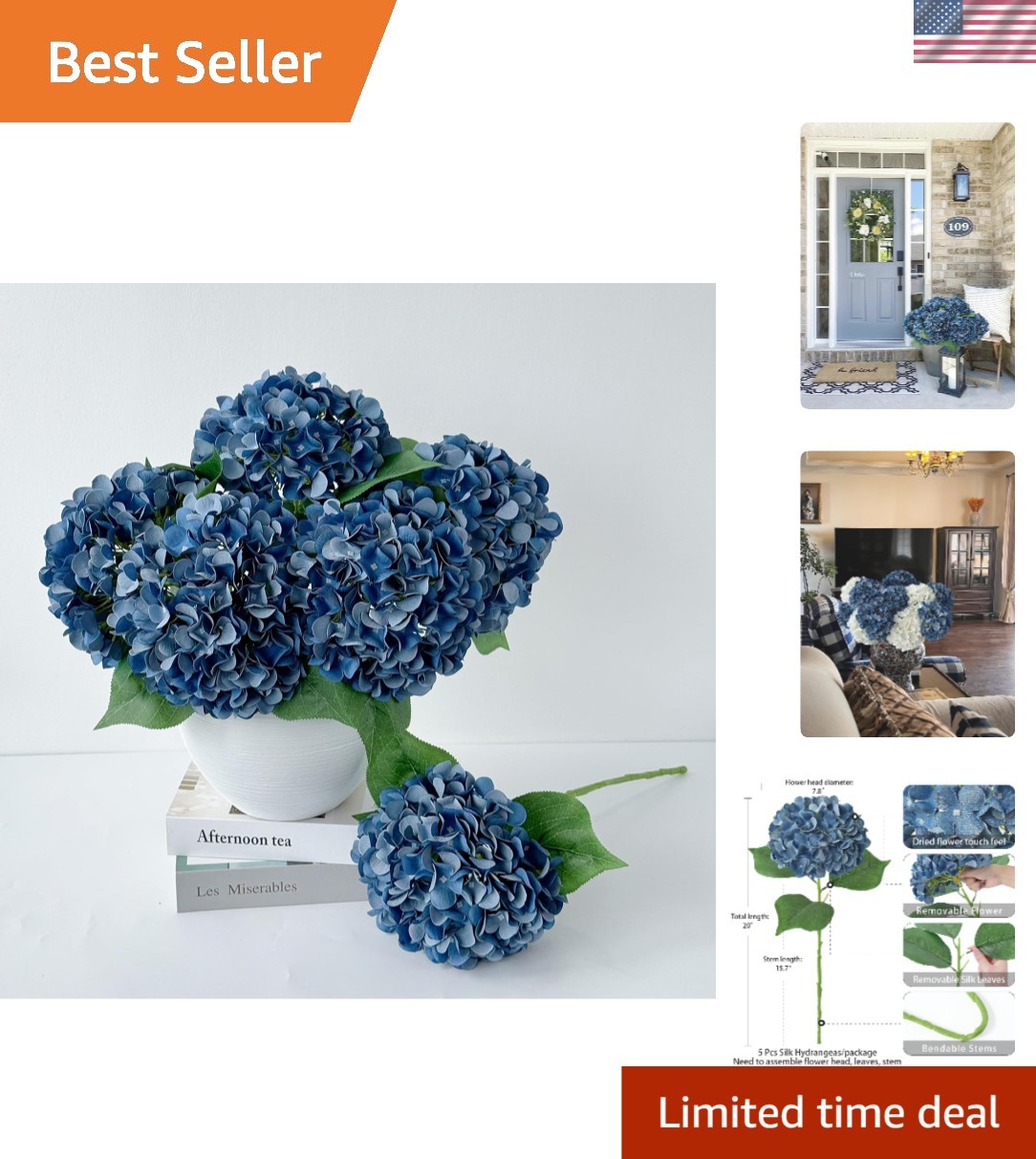 5 Pcs Dark Blue Silk Hydrangeas – 20” Faux Flowers for Elegant Home Decor