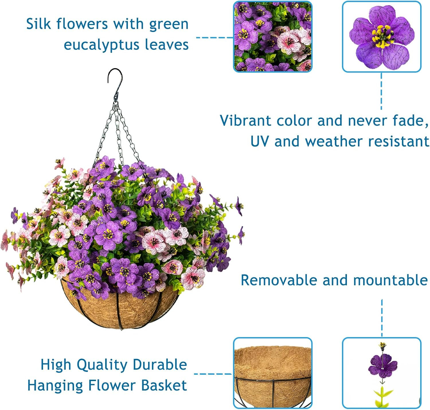 UV Resistant Artificial Hanging Flowers with Basket for Outdoor Decor, 12 Bundle