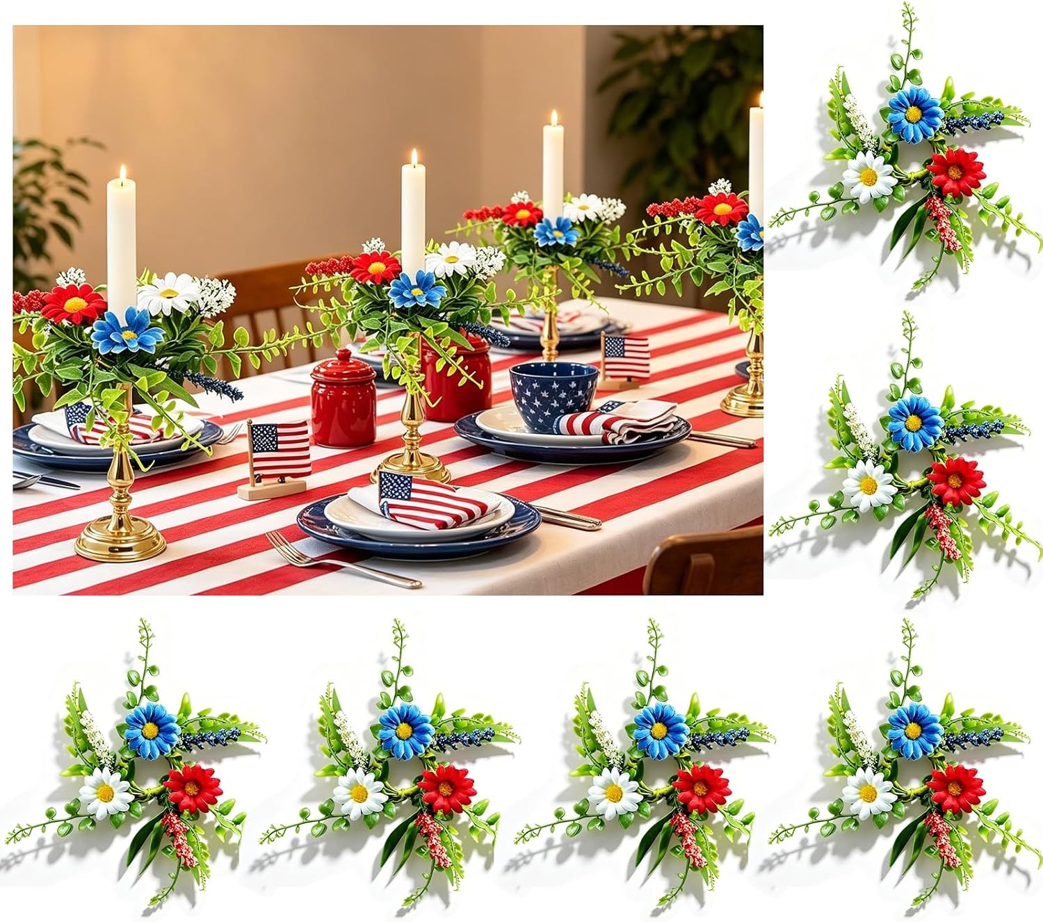 6 PCS Patriotic American Taper Candle Rings Wreaths 1.38″ Mini 4th of July Flora