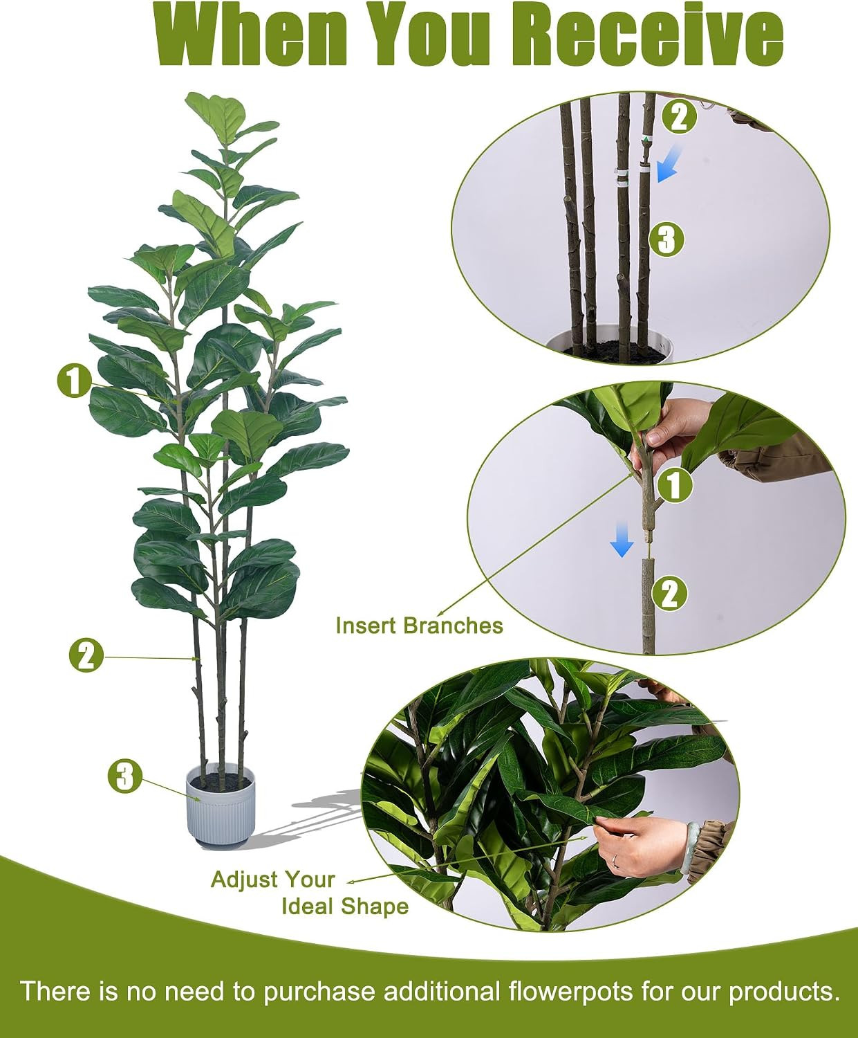 6FT Artificial Fiddle Leaf Fig Tree Four-Trunk, Large Faux Ficus Tree with White