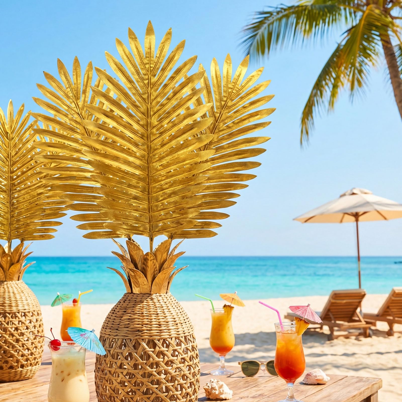 6 Pcs 18 Inch Summer Artificial Gold Palm Leaves Tropical Faux Palm Leaves Fa…