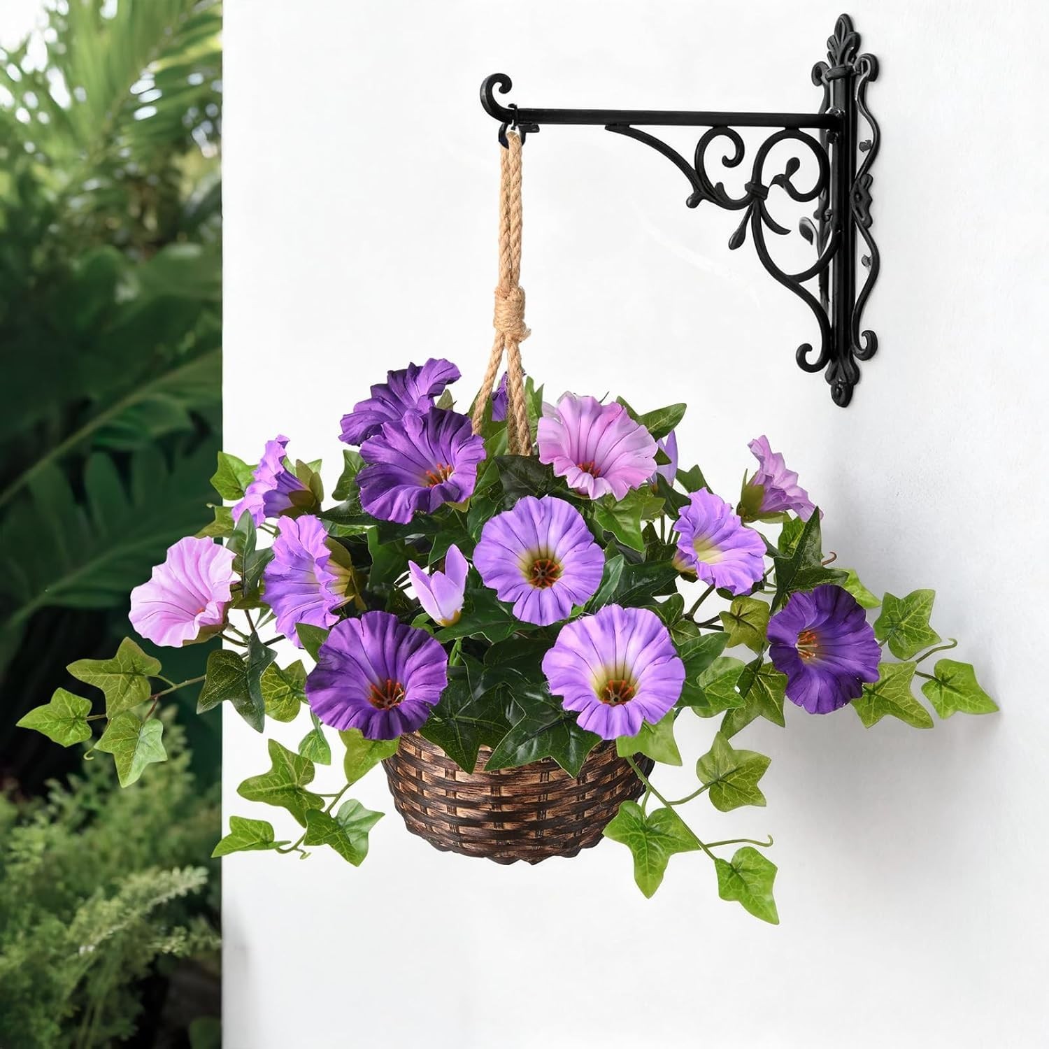 2 Set Artificial Outdoor Flowers with Hanging Basket, 2 Hanging Planters Faux Si