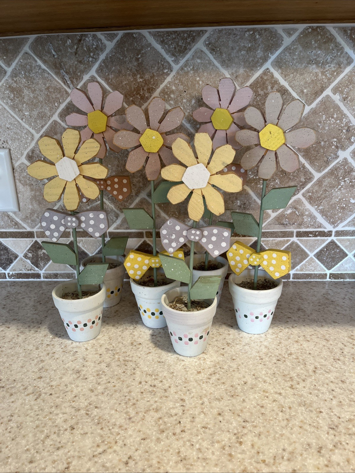 Floral wooden display flower pots and daisy’s. 6 in set. Window seal display