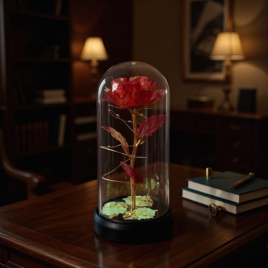 Eternal Glass Rose in Display Dome | Glass Flower with Colorful Base, a Perfect