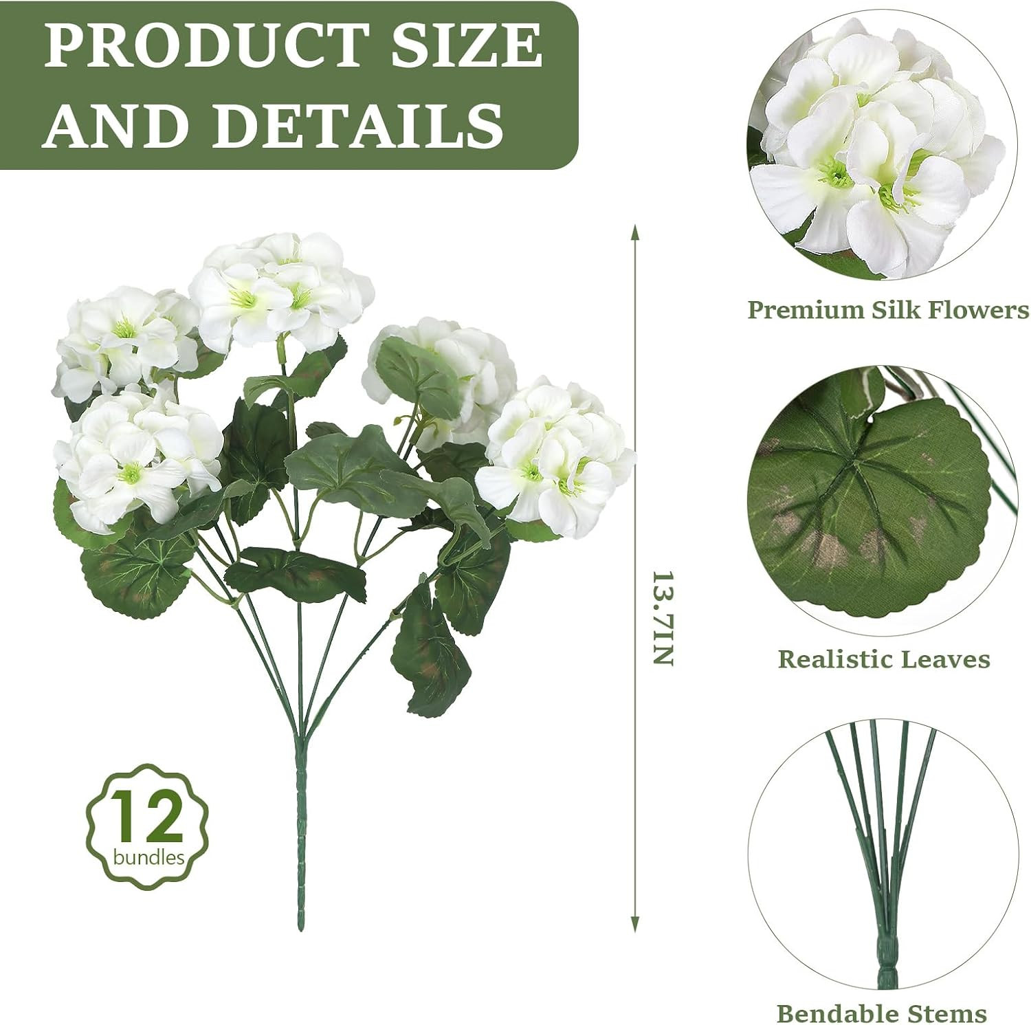 12 Pcs UV Resistant White Faux Geraniums for Outdoor Decor and Planters