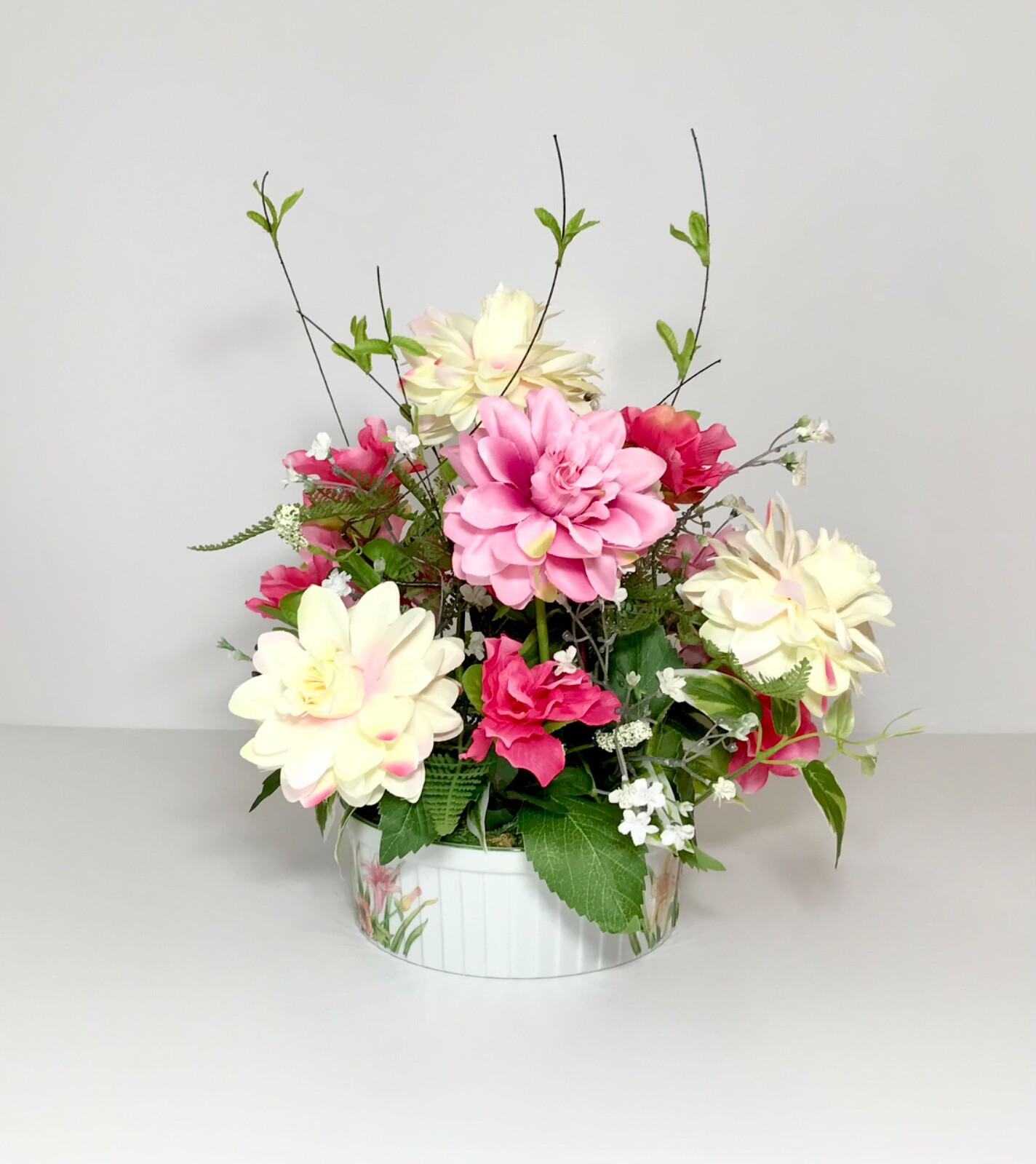 PINK WHITE CREAM FLOWERS ARRANGEMENT PORCELAIN VASE FLORAL CENTERPIECE GIFT NEW