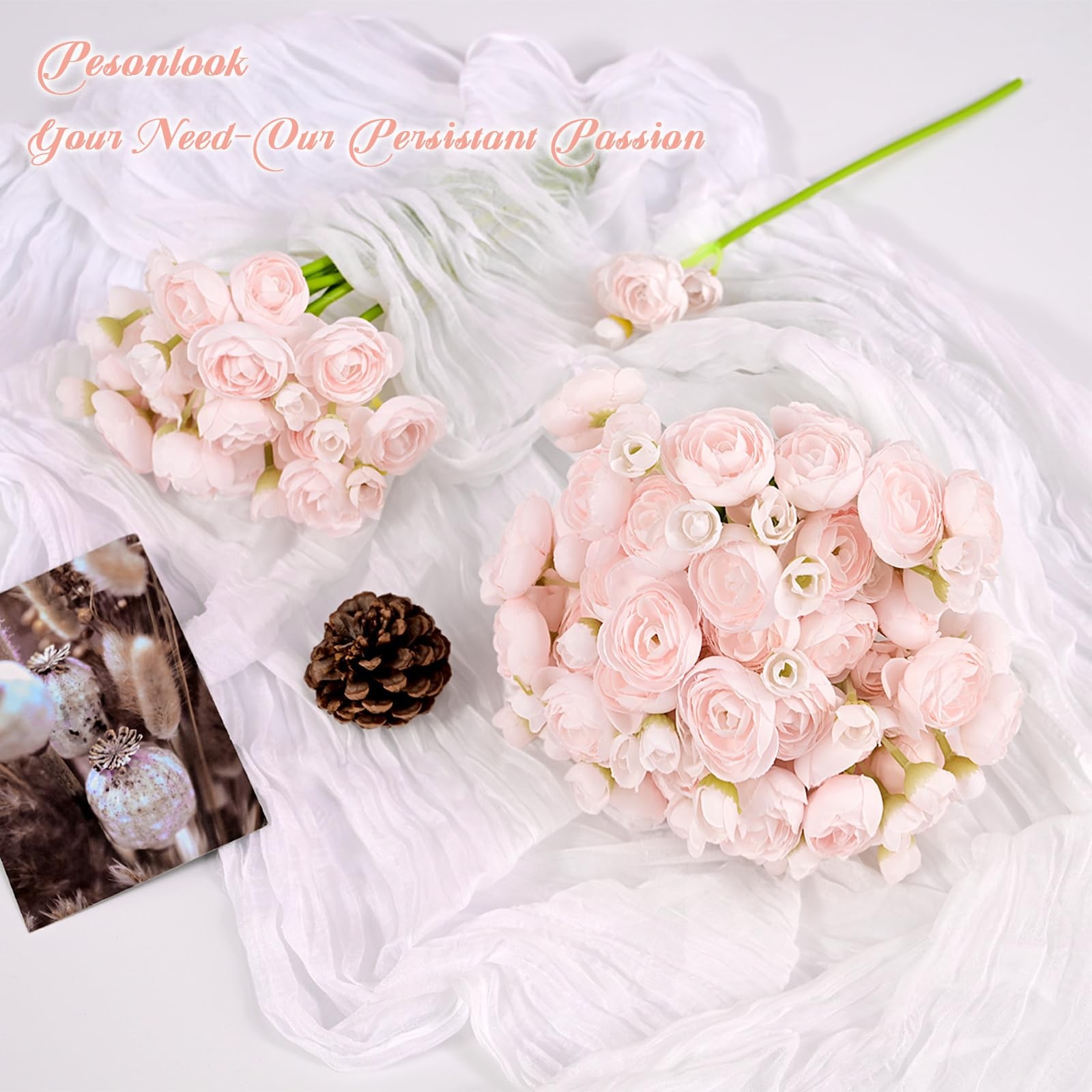 48 PCS Shabby Blush Faux Silk Mini Ranunculus Artificial Wedding Flower Bulk