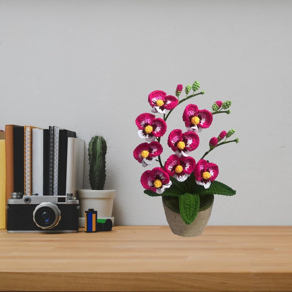 Crochet Moth Orchids Potted Plant, Handmade Knitted Artificial Butterfly Orch…
