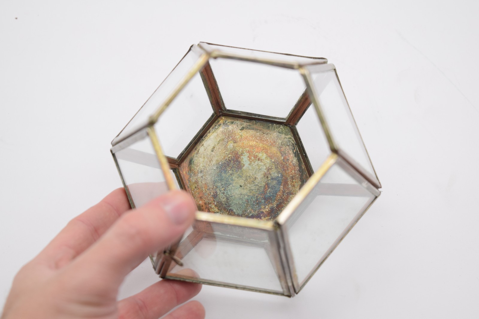 Anthropologie Glass Hexagon Terrarium Brass Planter Candle Holder Geometric