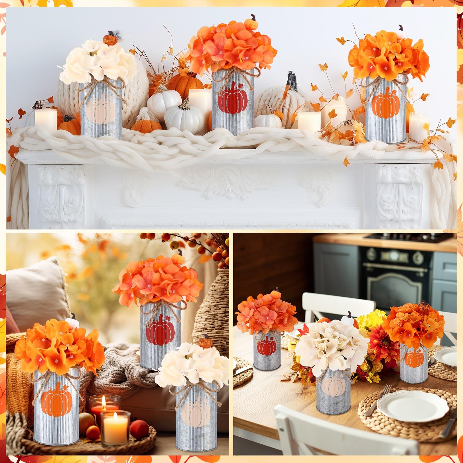 6 Sets Thanksgiving Fall Centerpiece Artificial Flower Pumpkin Metal Vase