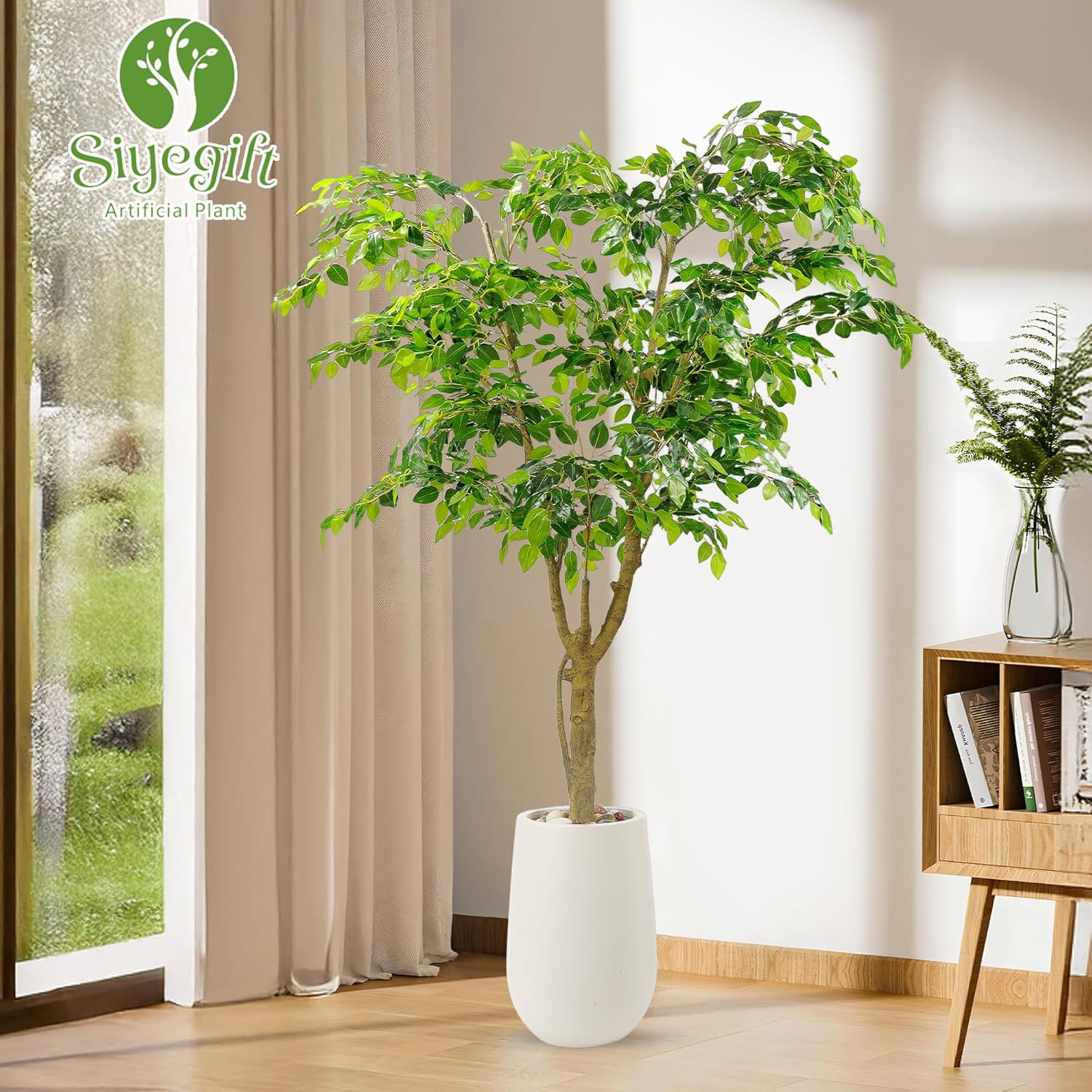 6.5FT Faux Ficus Tree in White Planter – Lifelike Indoor/Outdoor Décor