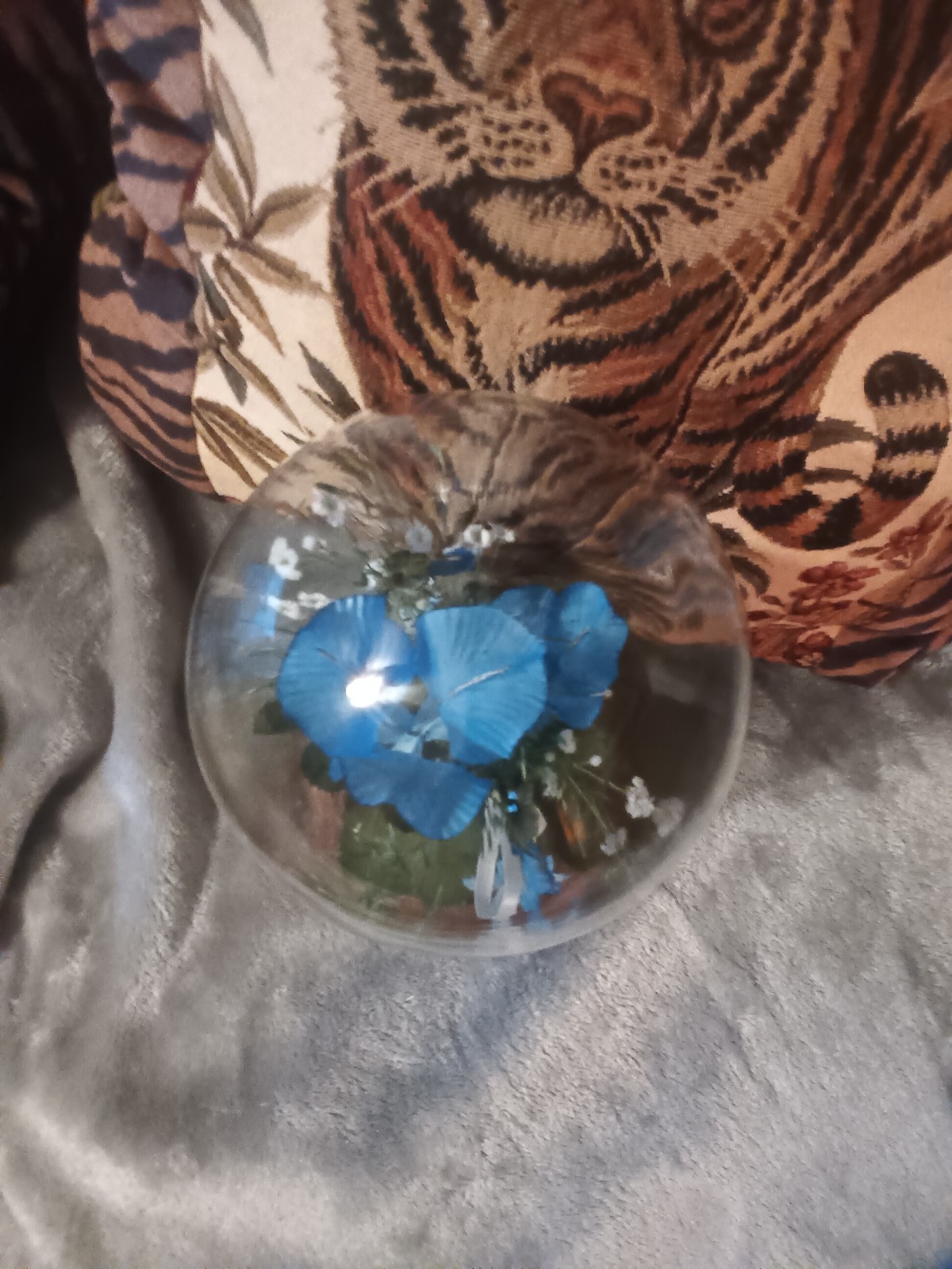 Glass dome blue,green and white artificial flower arrangement,wood base.
